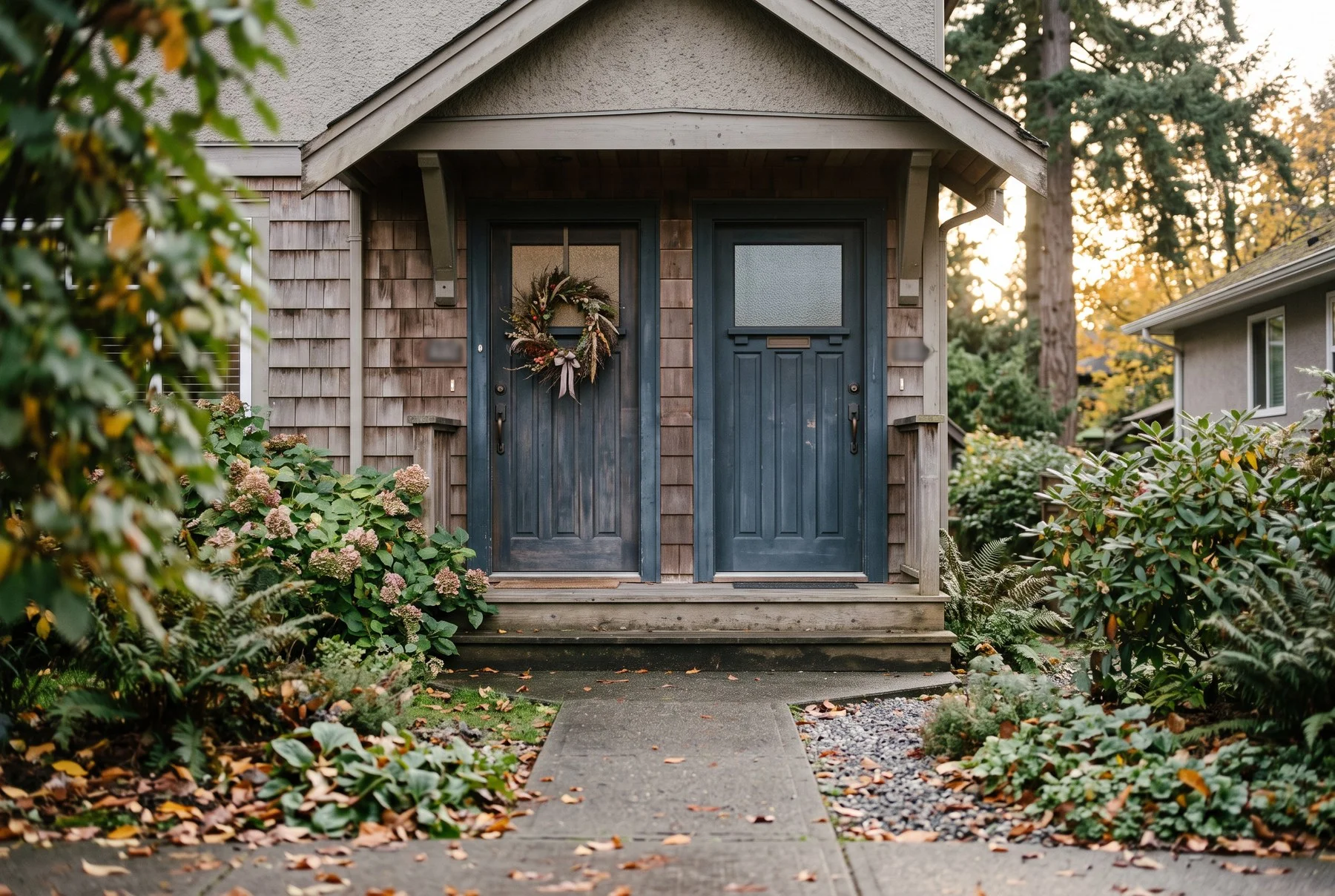 The two front doors of a side-by-side rental house with an autumn wreath and a leaf-covered path