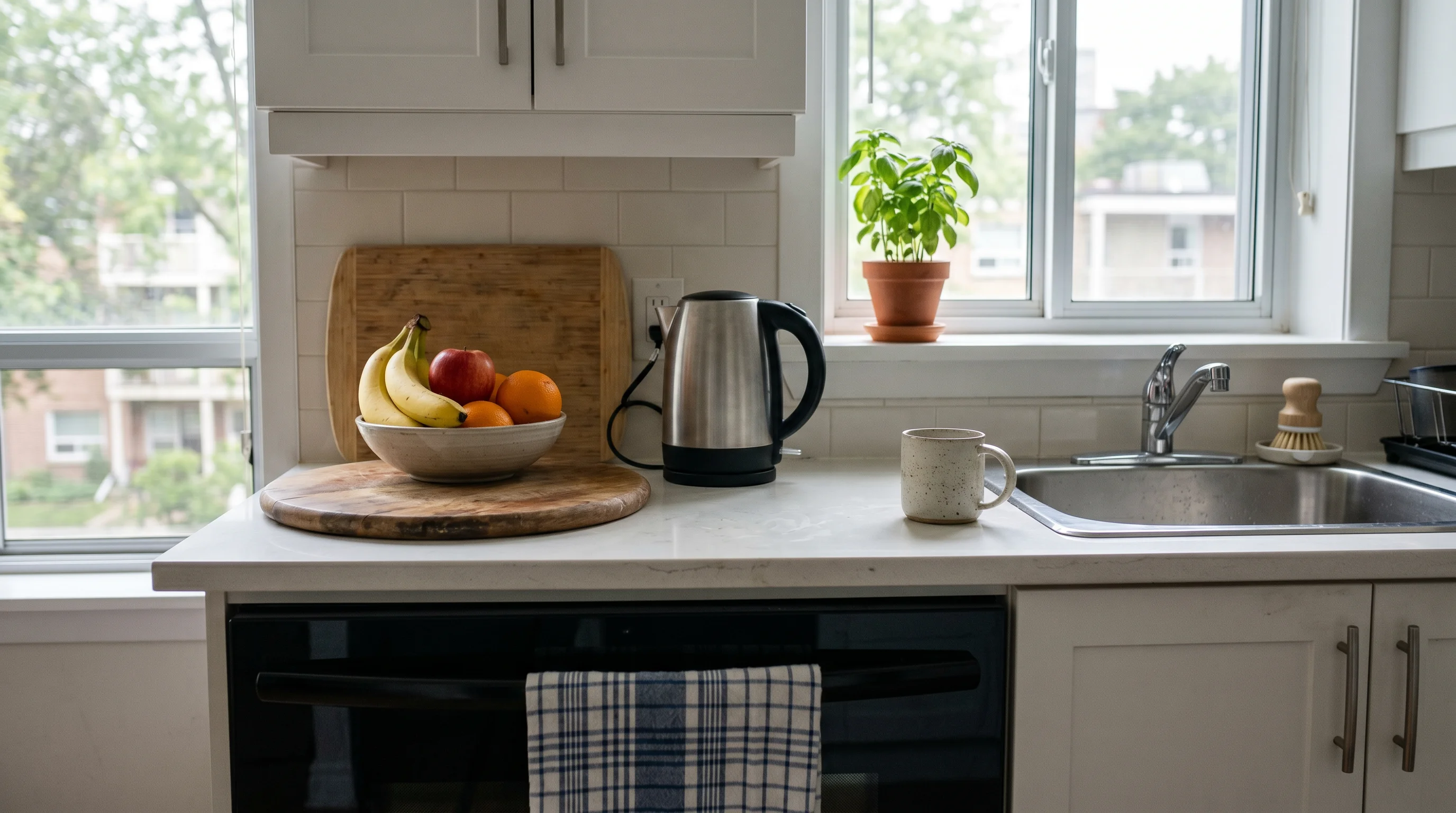 An ordinary, tidy kitchen counter in a lived-in Toronto condo in even mid-morning daylight — a wooden board with a bowl of fruit, a folded tea towel, a kettle, a clean mug by the sink and a small herb plant on the windowsill. Somebody's actual home, with nobody in frame.
