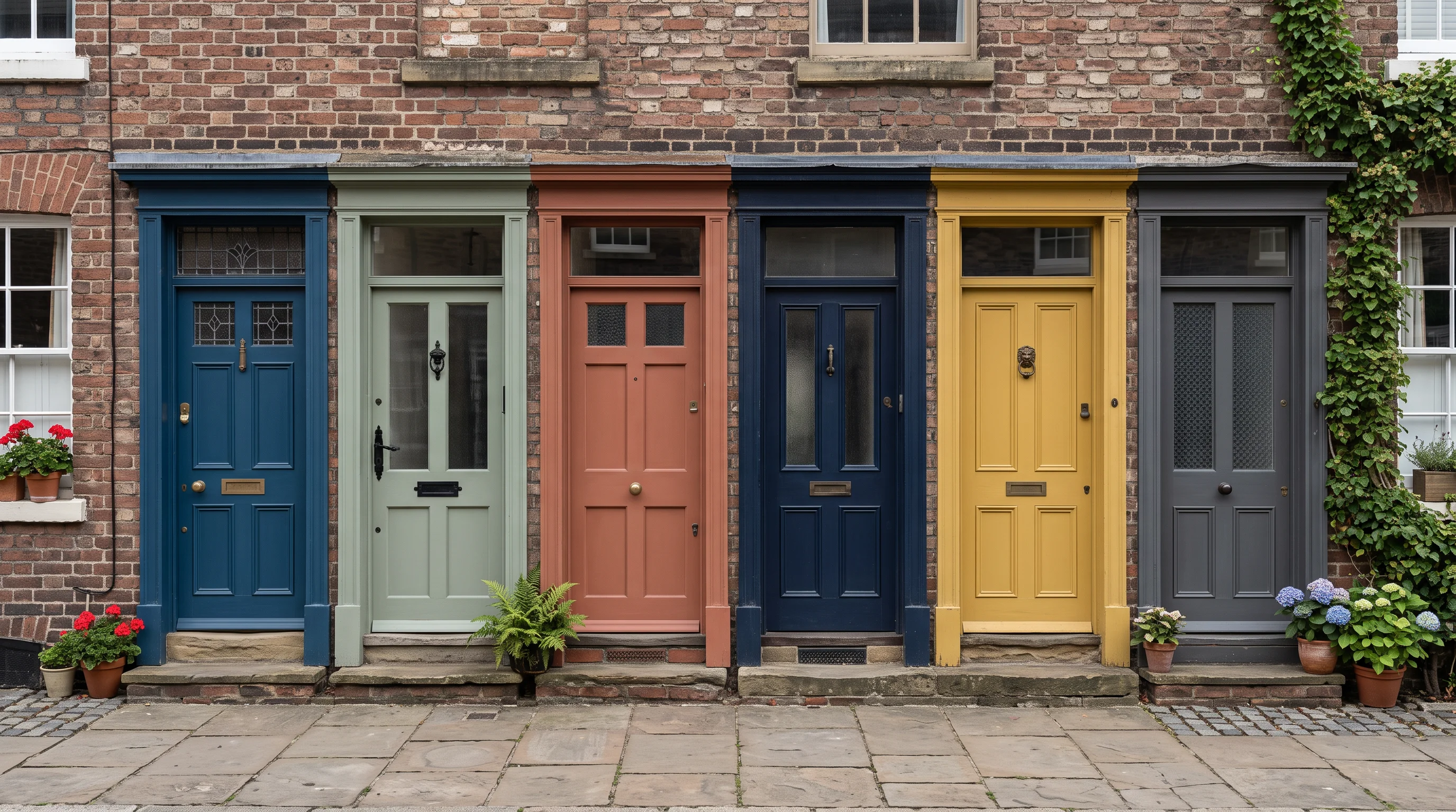 Six adjoining rowhouse front doors in a row, each a different heritage colour — many owners, one street