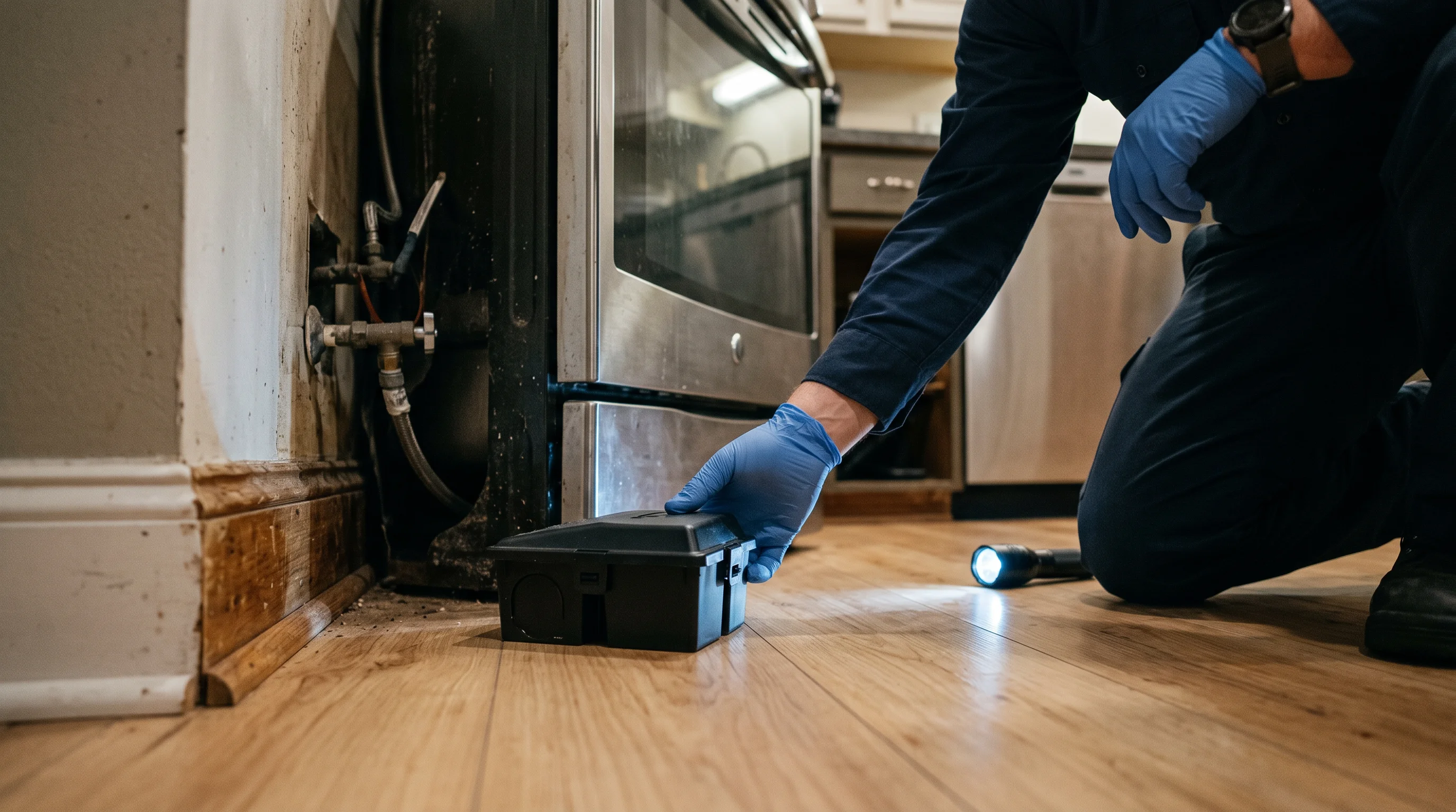 A gloved hand places a closed trap station along a kitchen baseboard.