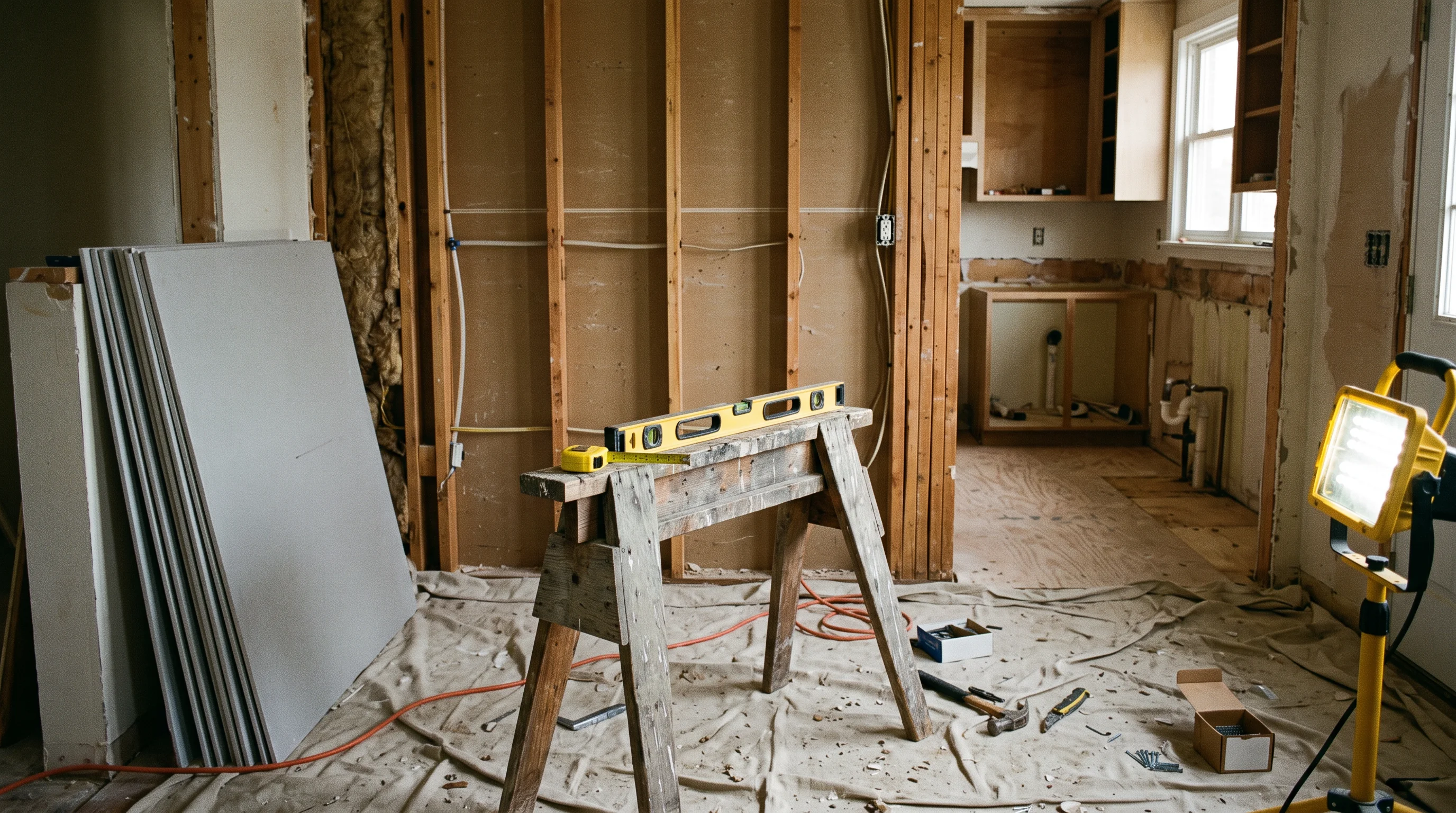 A kitchen mid-renovation — a stripped wall with studs exposed, stacked drywall, a level and tape measure on a sawhorse, work light on — the permit-level work a licence gates