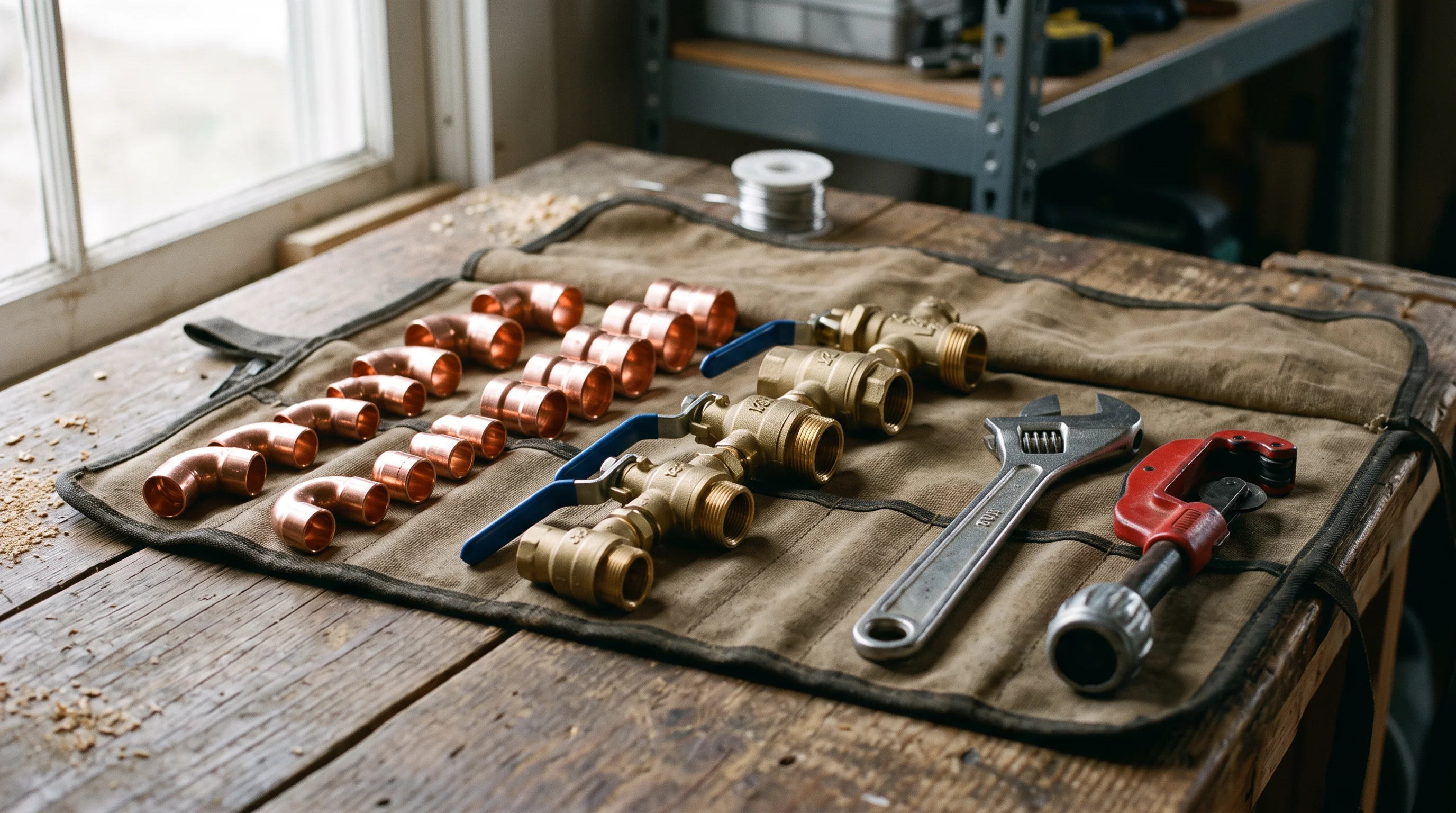 Close detail of copper fittings and brass valves arranged by size on a canvas roll beside clean tools — maintenance readiness in good order