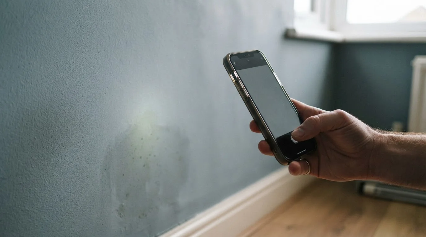 A candid documentary-style photo — no text, no logo. Shot on a Canon EOS R6 35mm f/1.8: a person's hand photographing a small patch of wall mould on a phone, or a hand pointing a flashlight at a damp corner, documenting the problem, in soft natural light. Framed on the hand and the affected wall only — no face, no readable screen text. Authentic textures, subtle grain, shallow depth of field, true-to-life muted colour, non-white background — evocative, not gross. No readable text or personal data anywhere. 16:9.