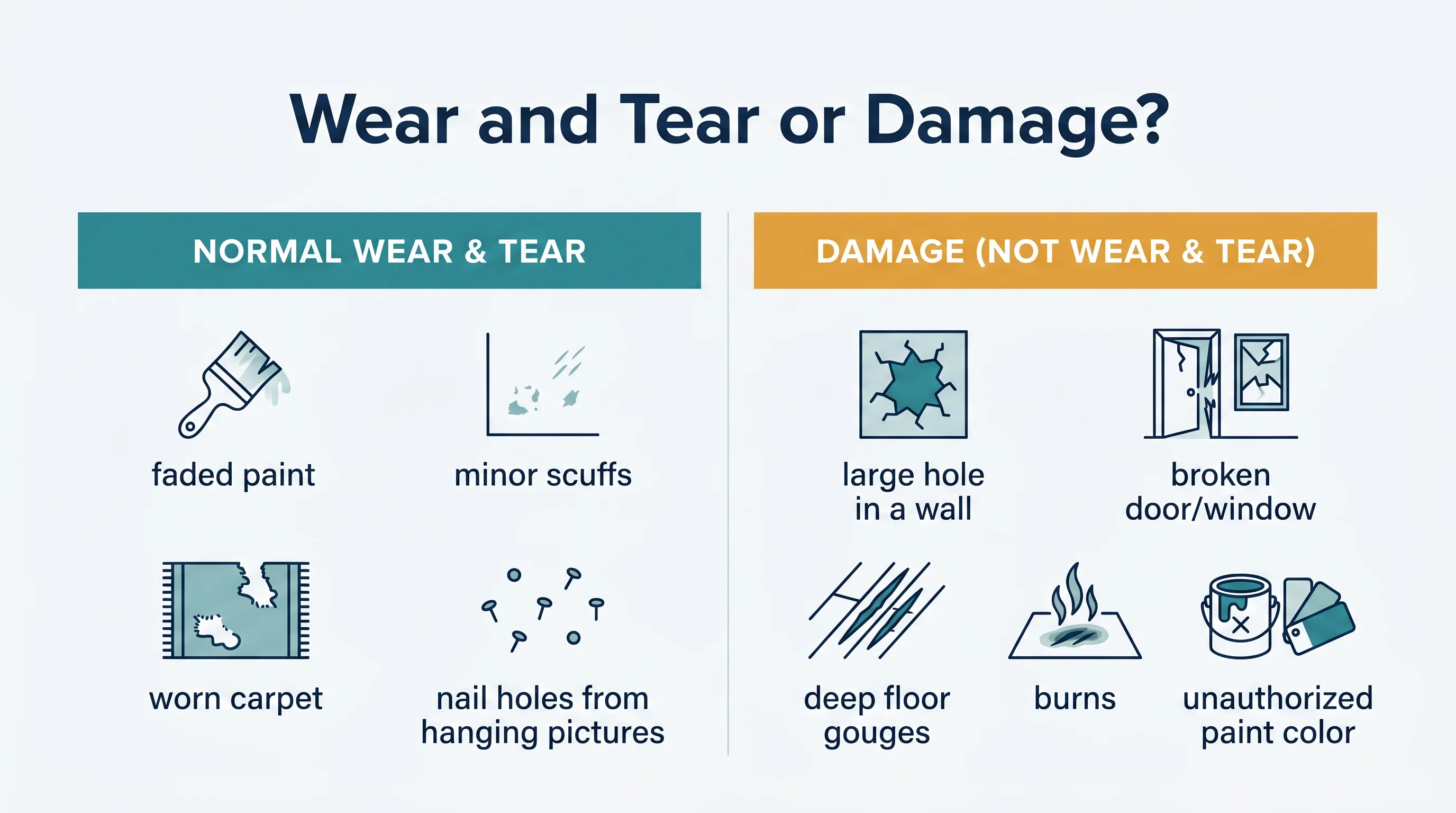 Wear and tear versus damage: faded paint, minor scuffs, worn carpet and nail holes are not chargeable; large wall holes, broken doors, deep gouges, burns and unauthorized paint are undue damage.