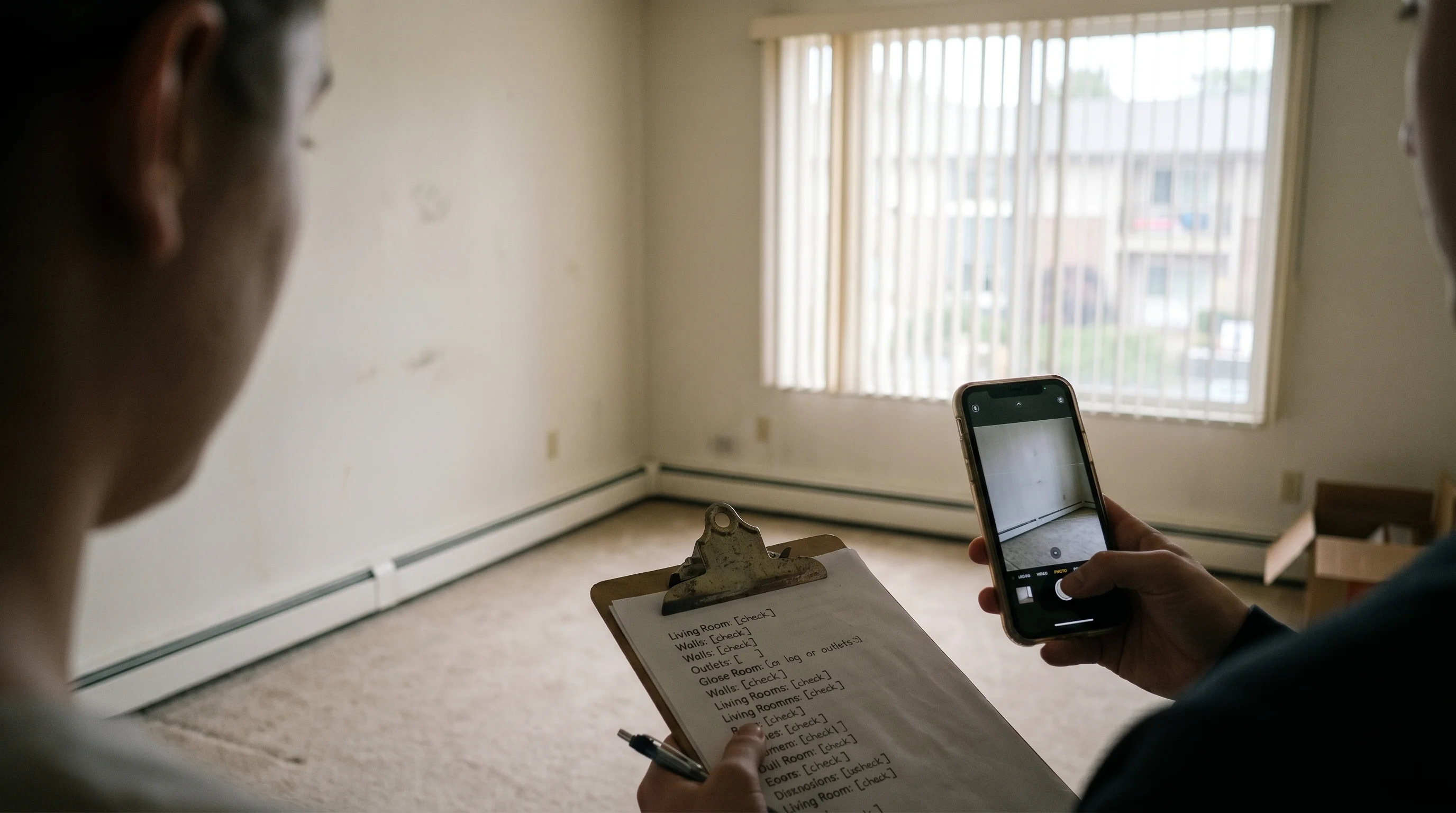 A person doing a move-in walkthrough, photographing a room with a phone while holding a checklist.
