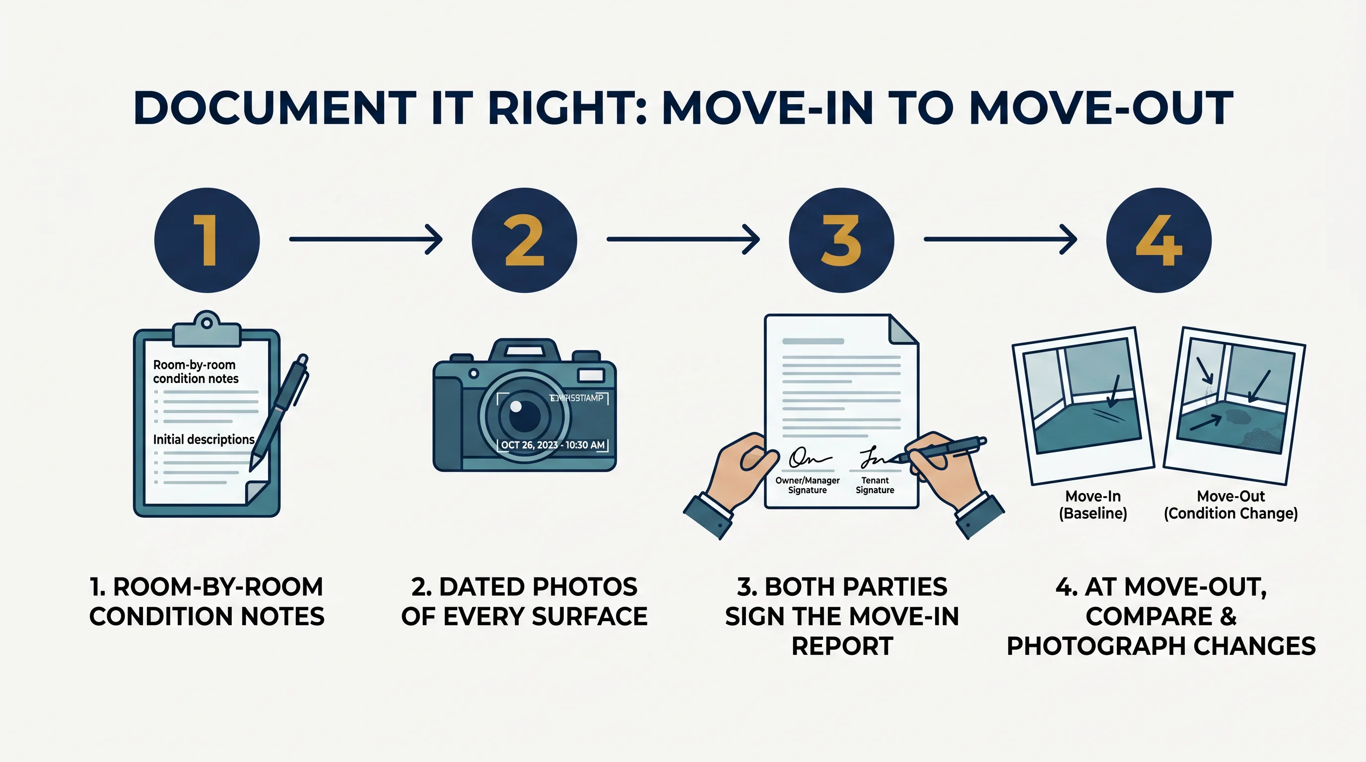 Document it right from move-in to move-out: room-by-room condition notes, dated photos of every surface, both parties sign the move-in report, and at move-out compare and photograph only what changed.