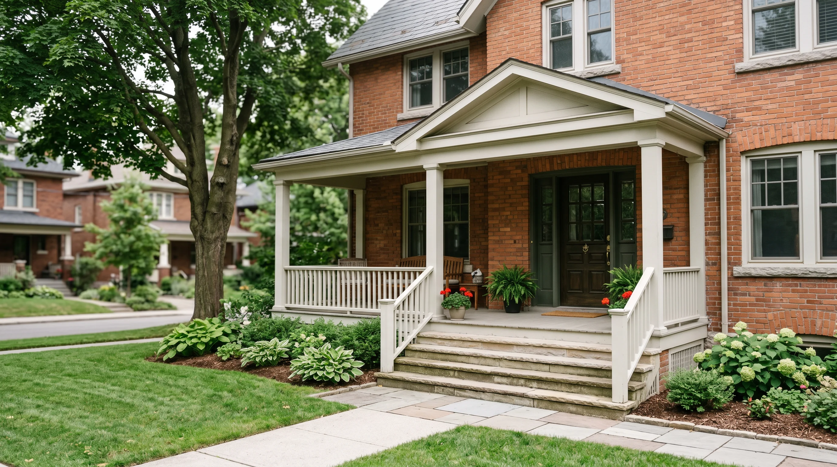 The porch and front steps of a substantial, well-kept older brick house with a mature tree and a tidy walkway, seen at a gentle angle in calm even daylight — a neutral, orderly residential scene, generic and not identifiably one city.