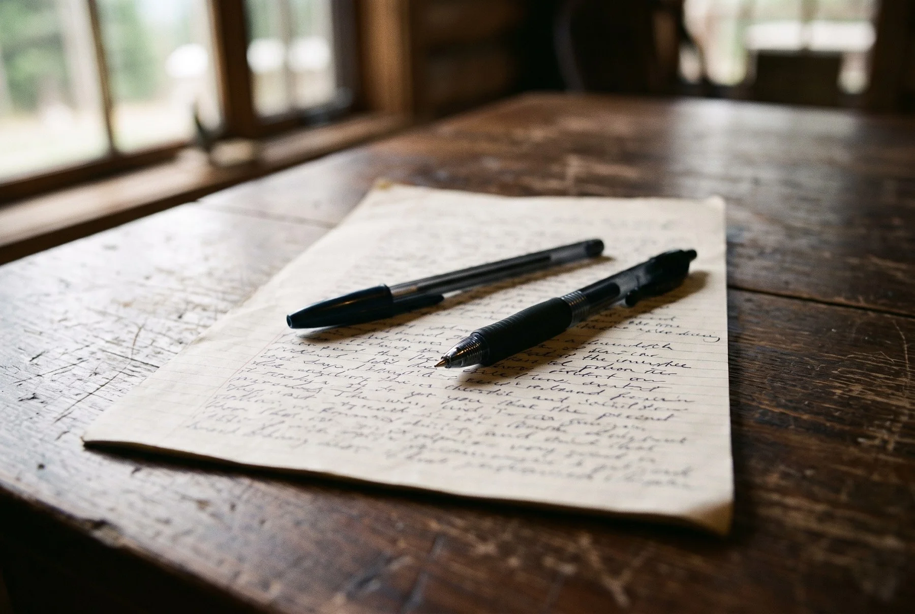 Handwritten agreement with two pens on a wooden table