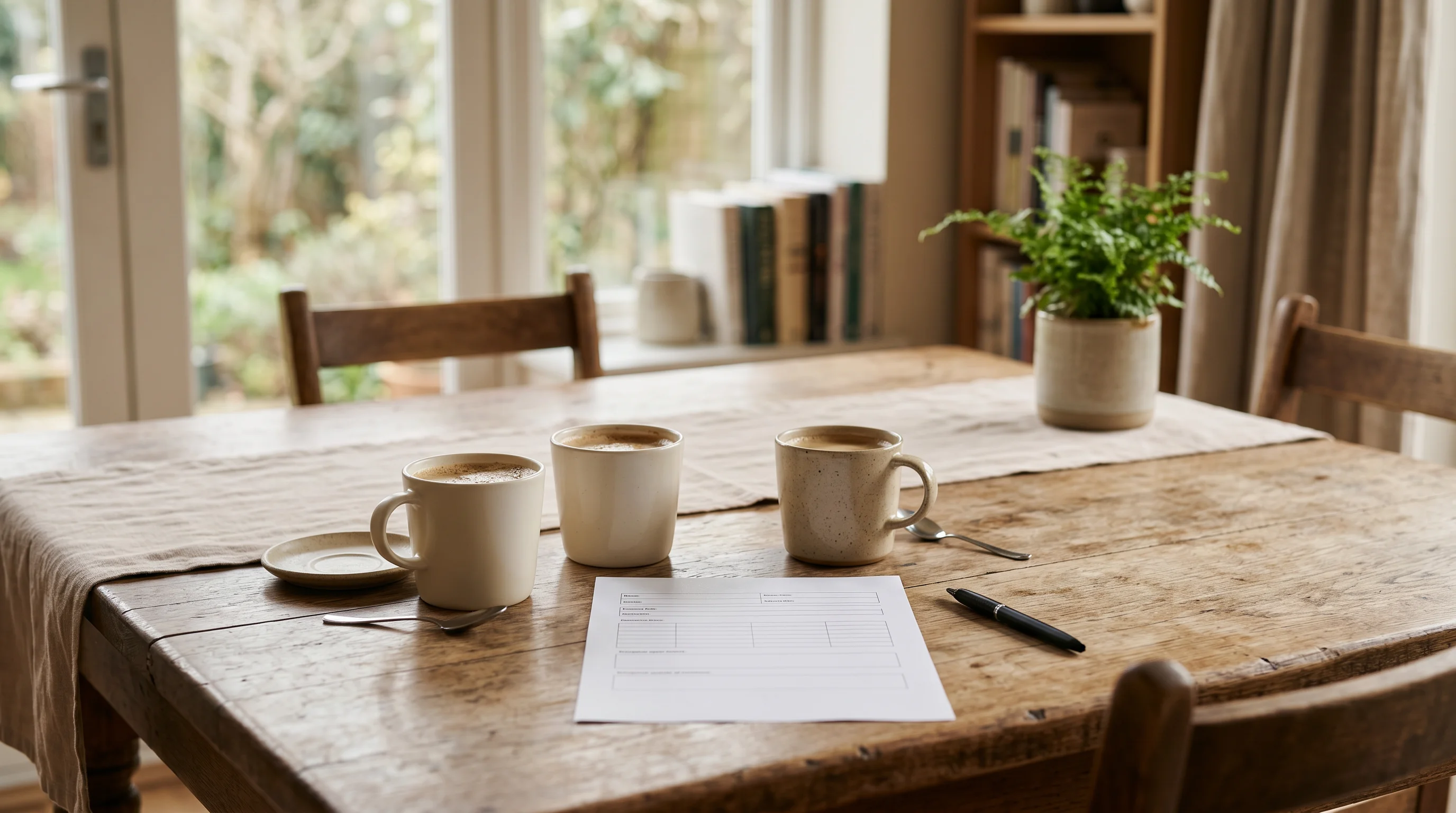 Editorial photograph of a residential kitchen table with two coffee mugs, an unfilled paper form, and a pen in soft natural daylight, conveying a cooperative discussion between two reasonable parties