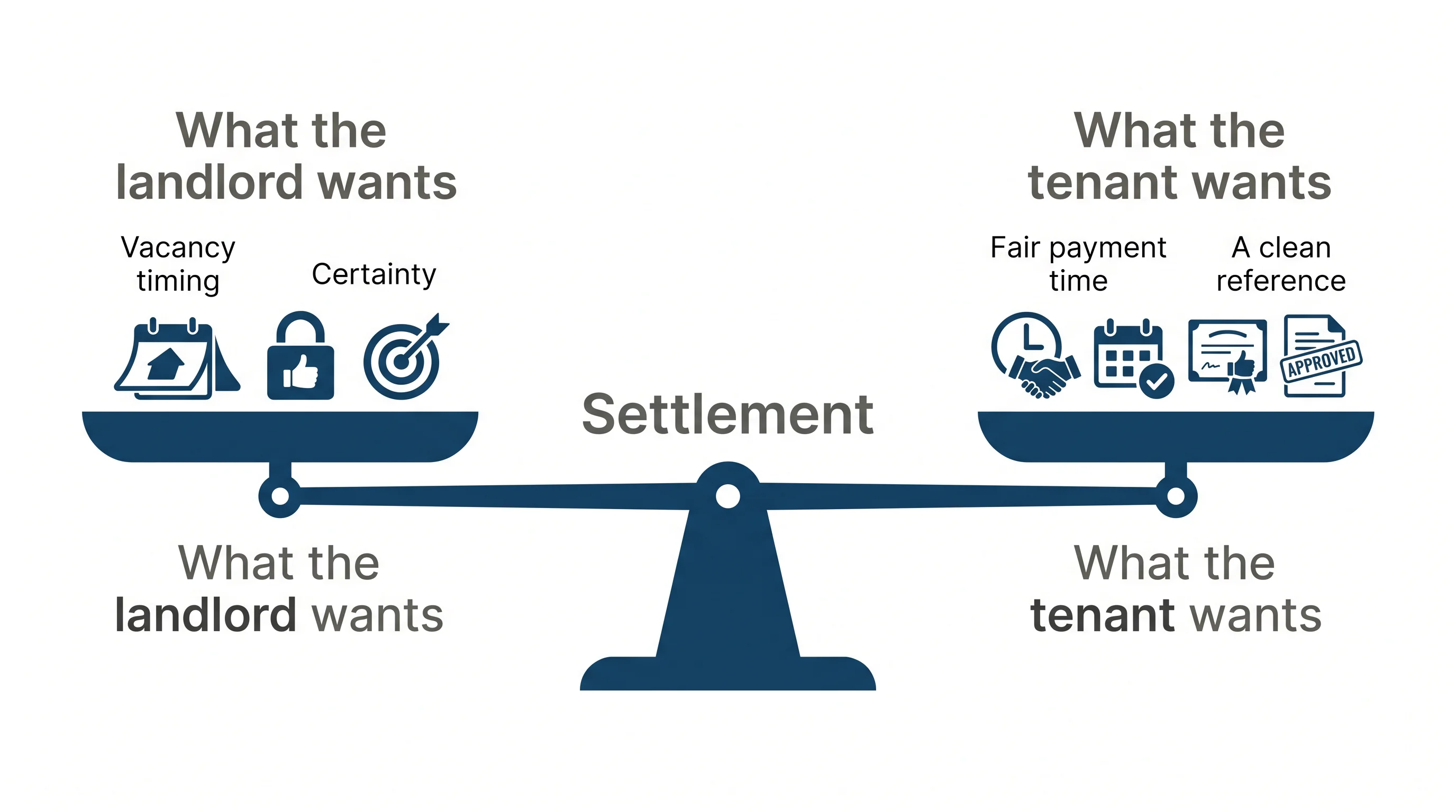 Editorial illustration showing a balanced scale with What the landlord wants on one pan and What the tenant wants on the other, with Settlement labelled at the centre