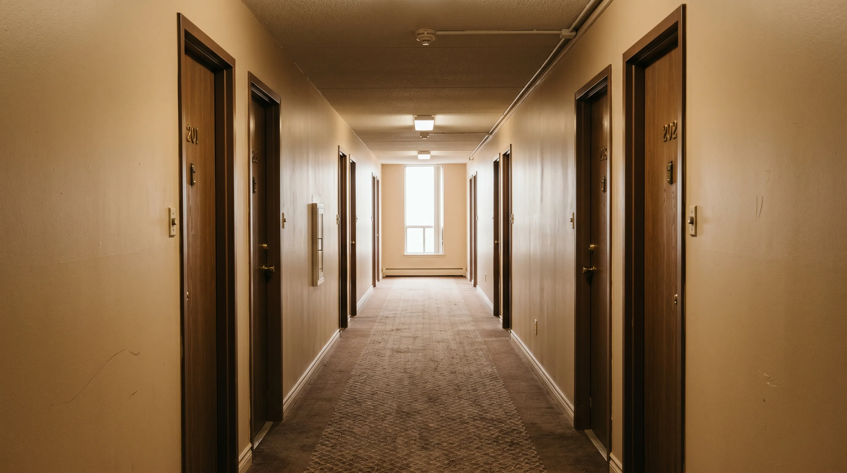 Editorial photograph of the interior corridor of an Ontario low-rise apartment building with beige painted walls, doorways with unit numbers, and soft natural light from a window at the far end