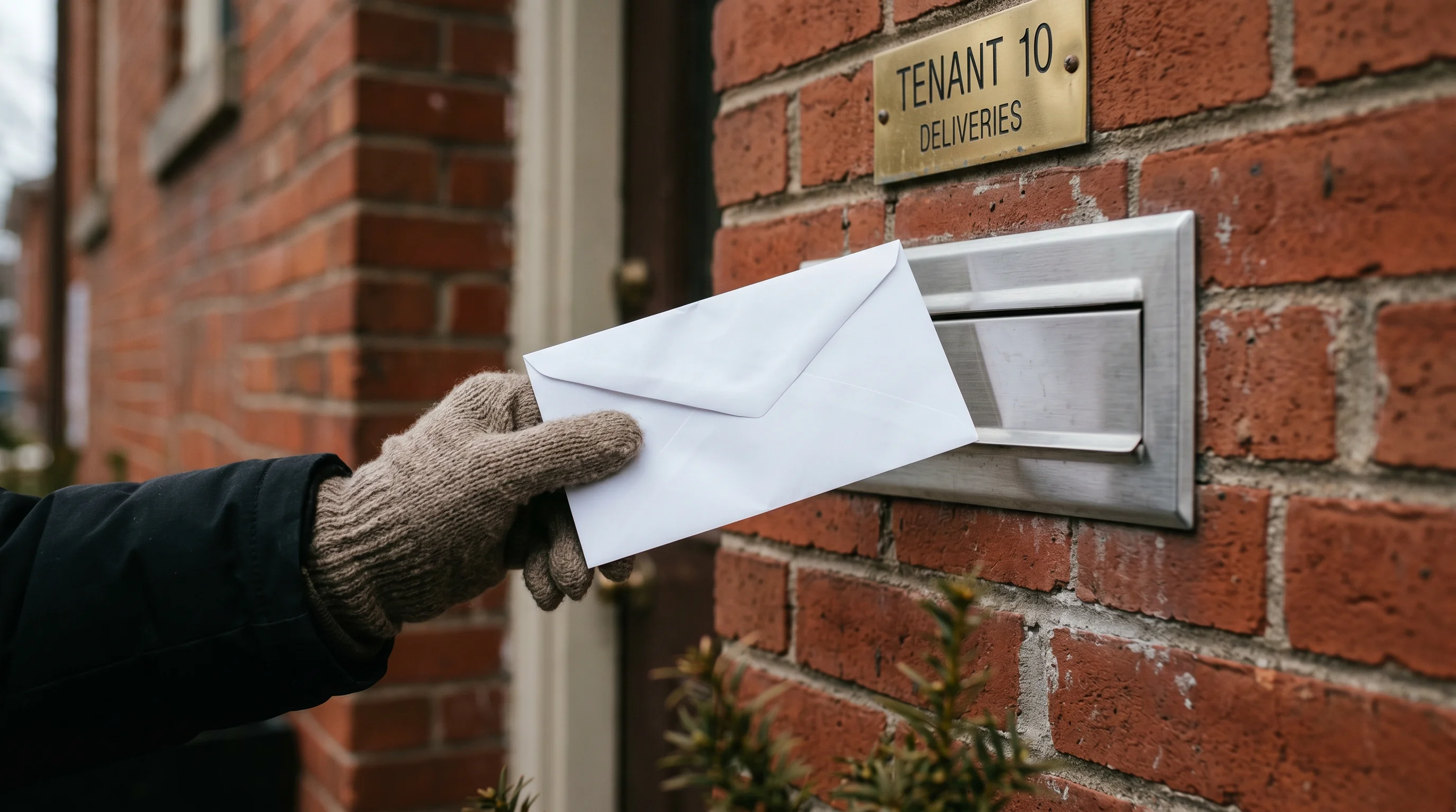 A close, photo-realistic shot of hands placing a folded notice envelope into a residential mailbox/mail slot at an Ontario rental property entrance, illustrating proper service method. Neutral, instructional tone; no readable names or addresses.