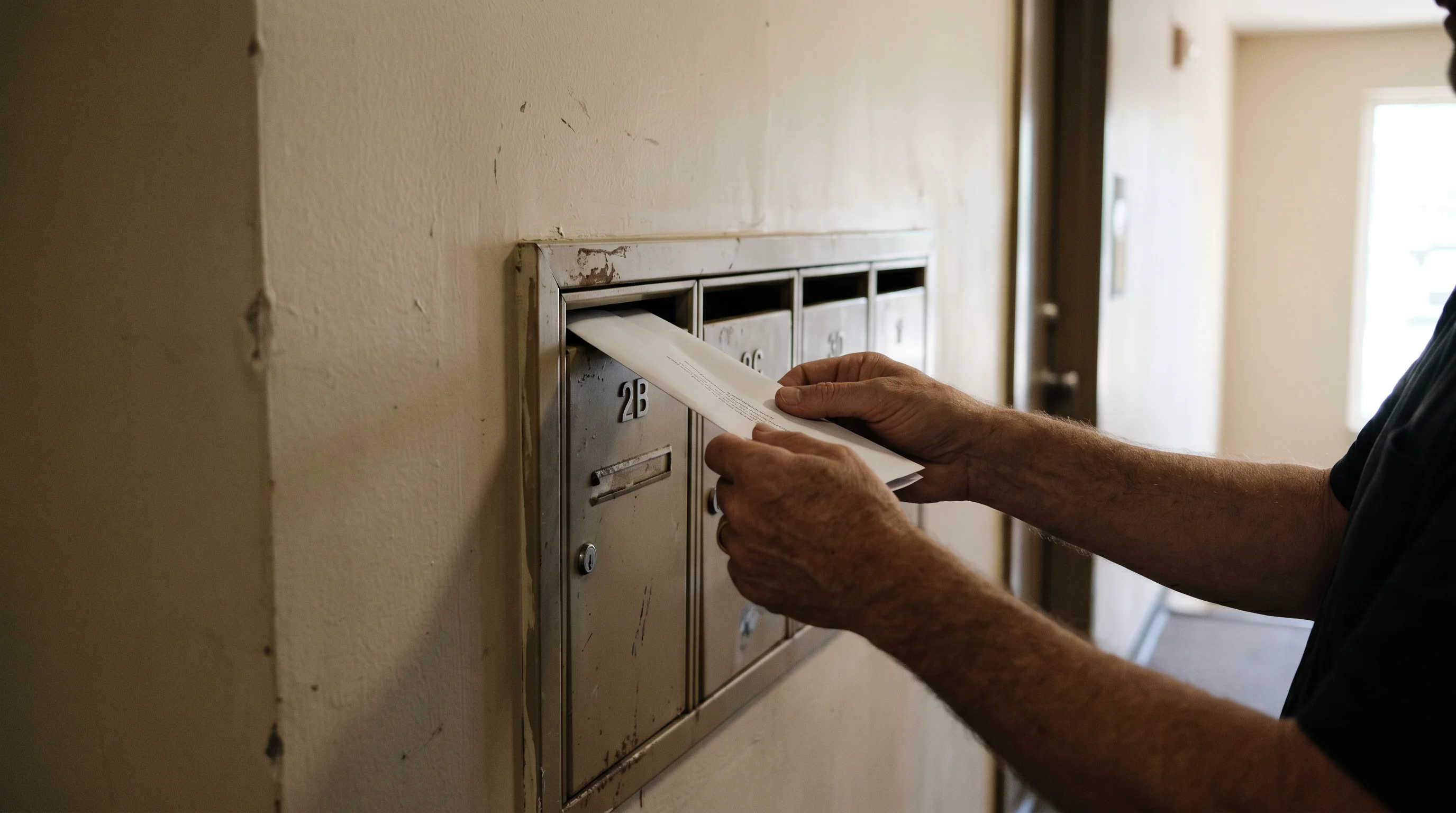 A close, photo-realistic shot of a tenant's hands handing a folded paper notice to a landlord at an apartment doorway (or sliding it into a mailbox), illustrating proper in-person service. Neutral, instructional tone, natural light. No readable names or addresses.