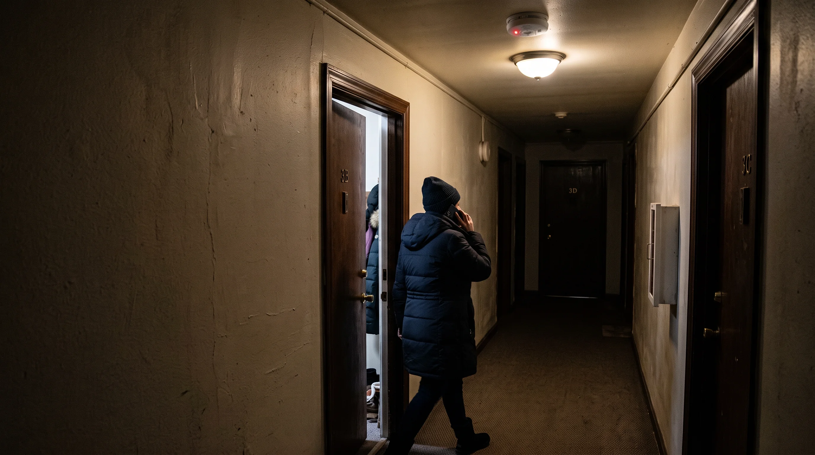 A carbon monoxide alarm glows in a dark hallway as a resident steps out to make a phone call.