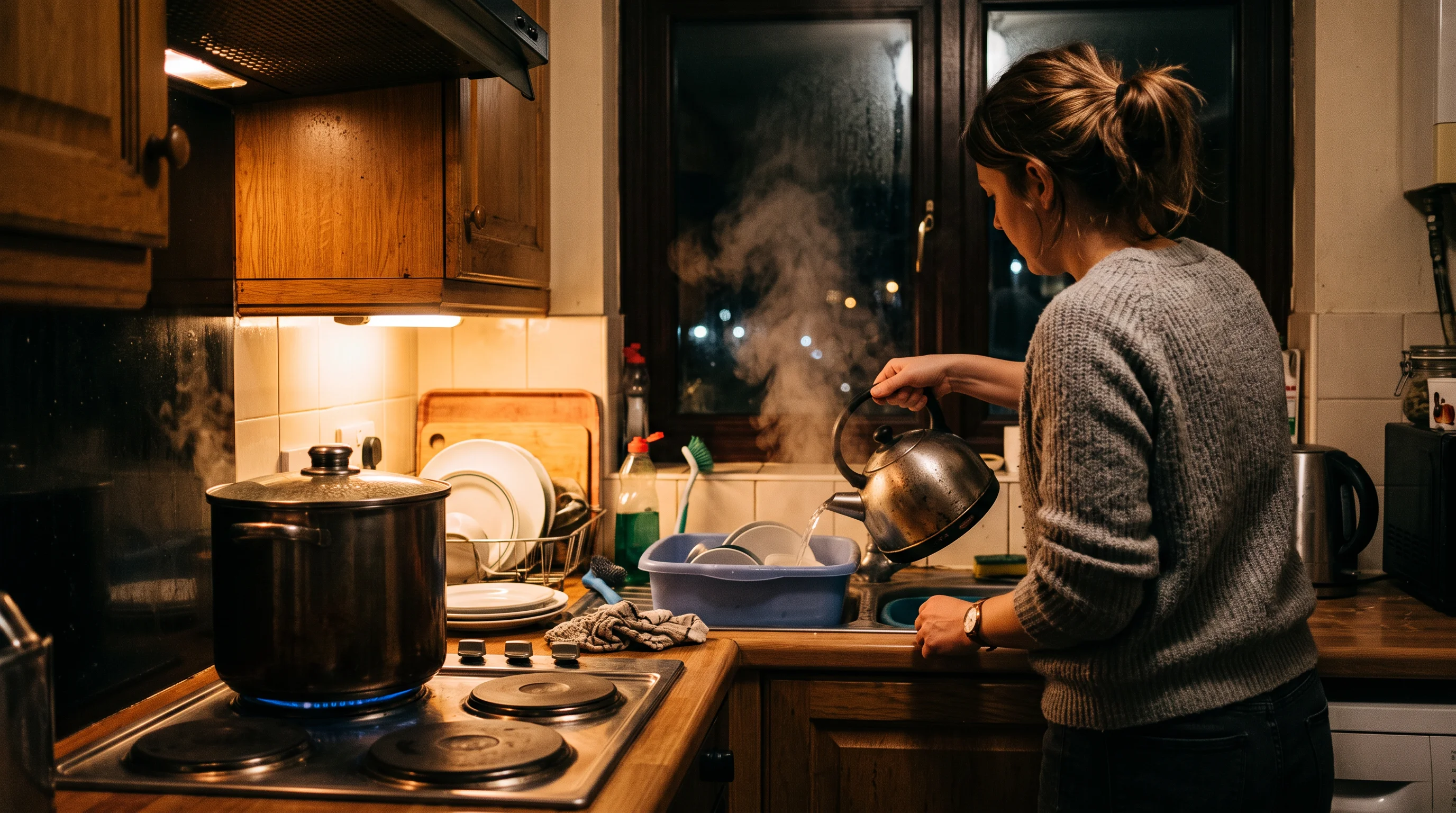 A tenant pours hot water from a kettle into a basin because the tap has no hot water.