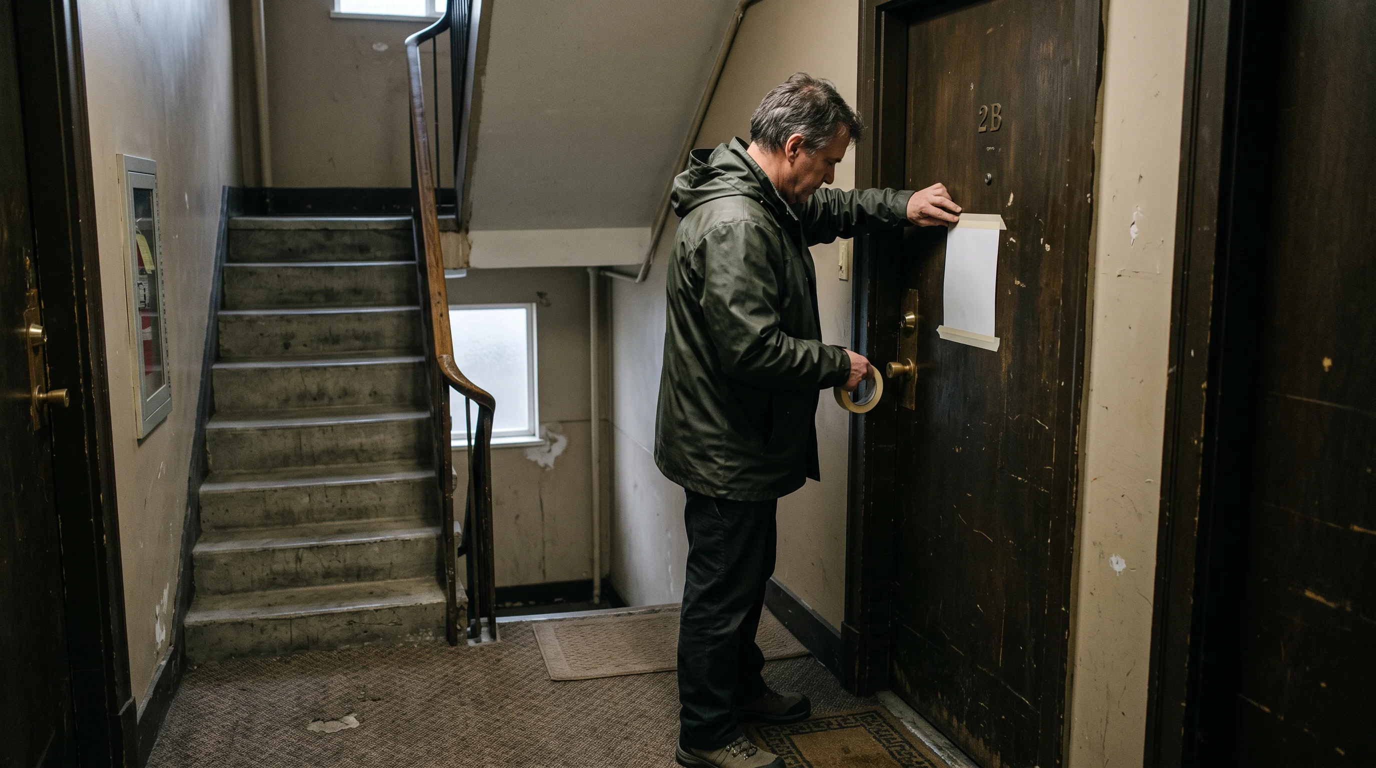 A landlord tapes a notice to a suite door in a walk-up stairwell.