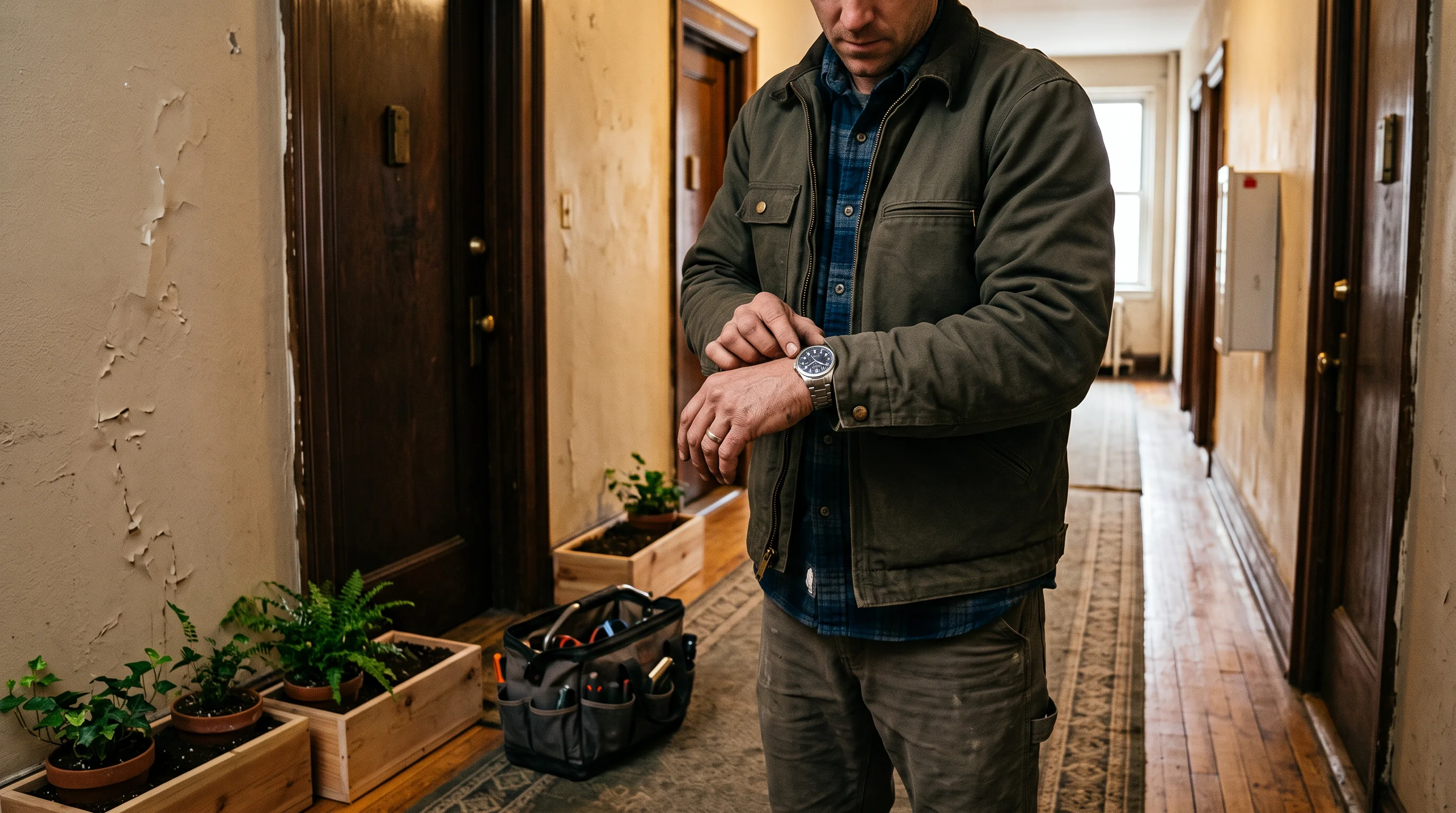 An installer checks his watch outside an apartment door with window boxes beside him.