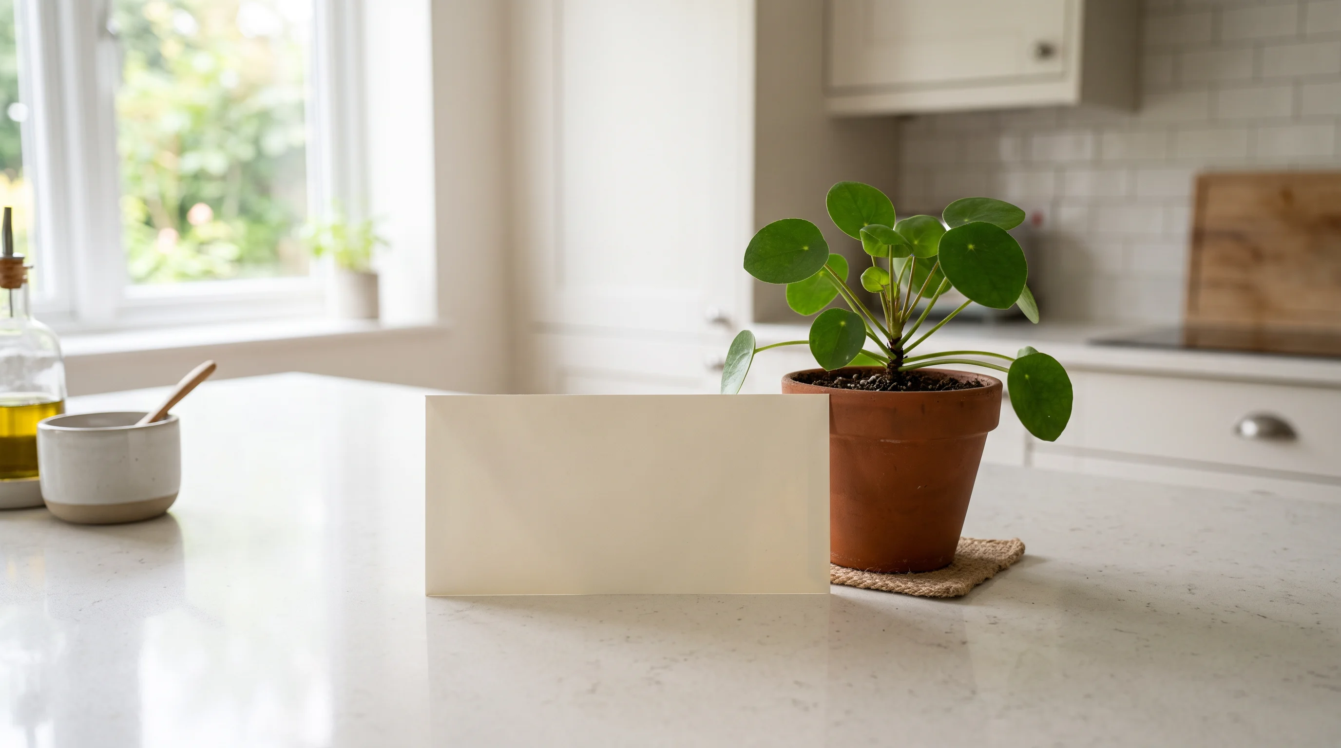 A plain blank envelope on a clean kitchen counter beside a small potted plant in soft light — the one calm letter of a well-run management transition, landed on the tenant's counter