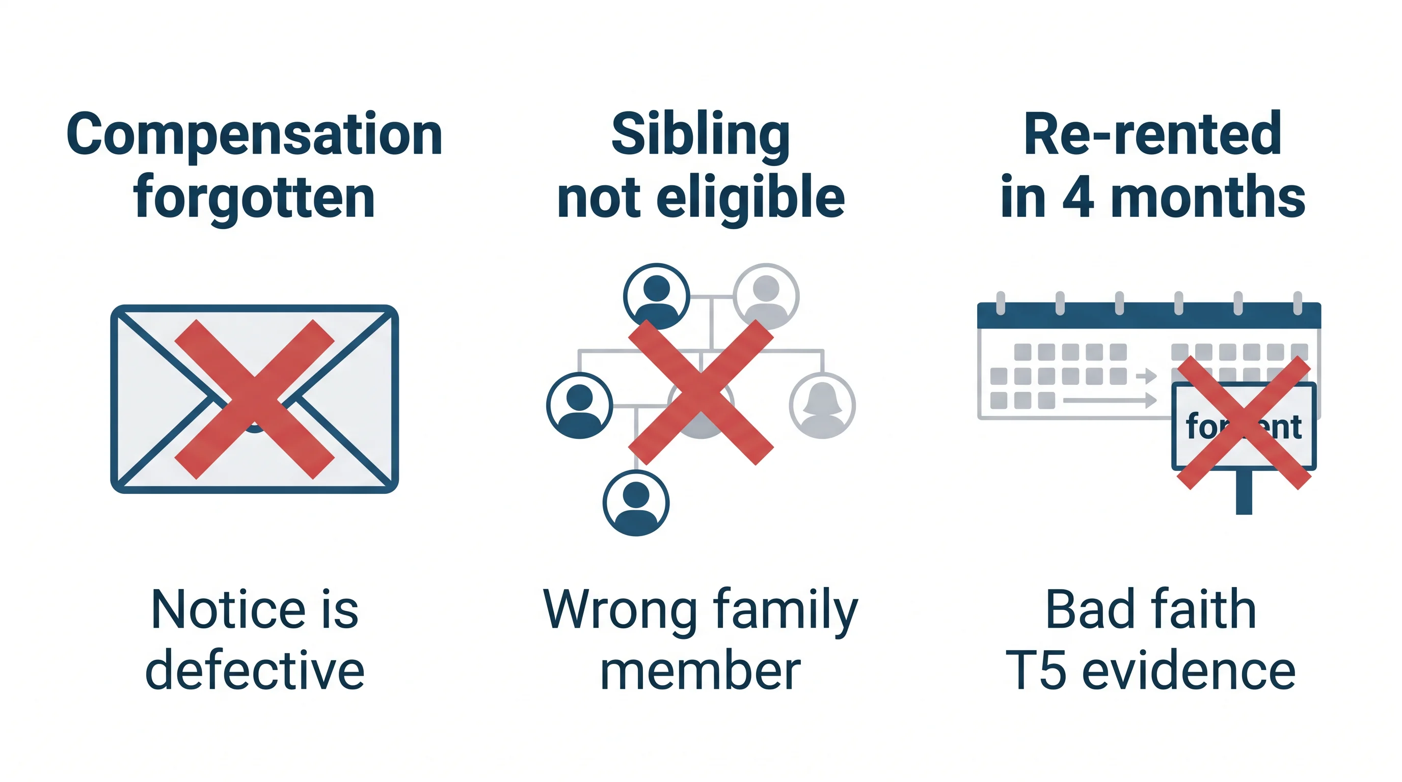 Editorial illustration showing three stylized scenarios where an N12 notice goes wrong. Three panels side by side on white background. Panel 1 titled Compensation forgotten shows a stylized envelope with a red X mark and caption Notice is defective. Panel 2 titled Sibling not eligible shows a small family-tree diagram with a red X over a sibling icon and caption Wrong family member. Panel 3 titled Re-rented in 4 months shows a calendar strip and a small for-rent sign with a red X and caption Bad faith T5 evidence. Clean flat illustration style, navy blue hex 1A5276 for primary elements, muted red hex E24B4A for X marks, light gray for secondary elements. Sans-serif typography, minimal flat design. No 3D, no photorealism, no cartoon figures.