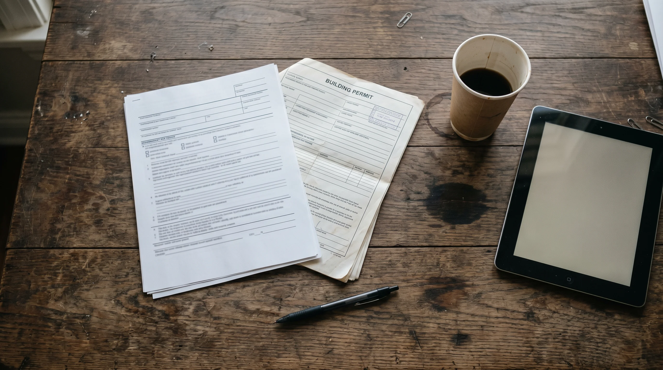 A close photo of an N13-style notice form on a desk beside a building-permit document, a pen, and a tablet, illustrating the legitimate paper trail of a renovation eviction.