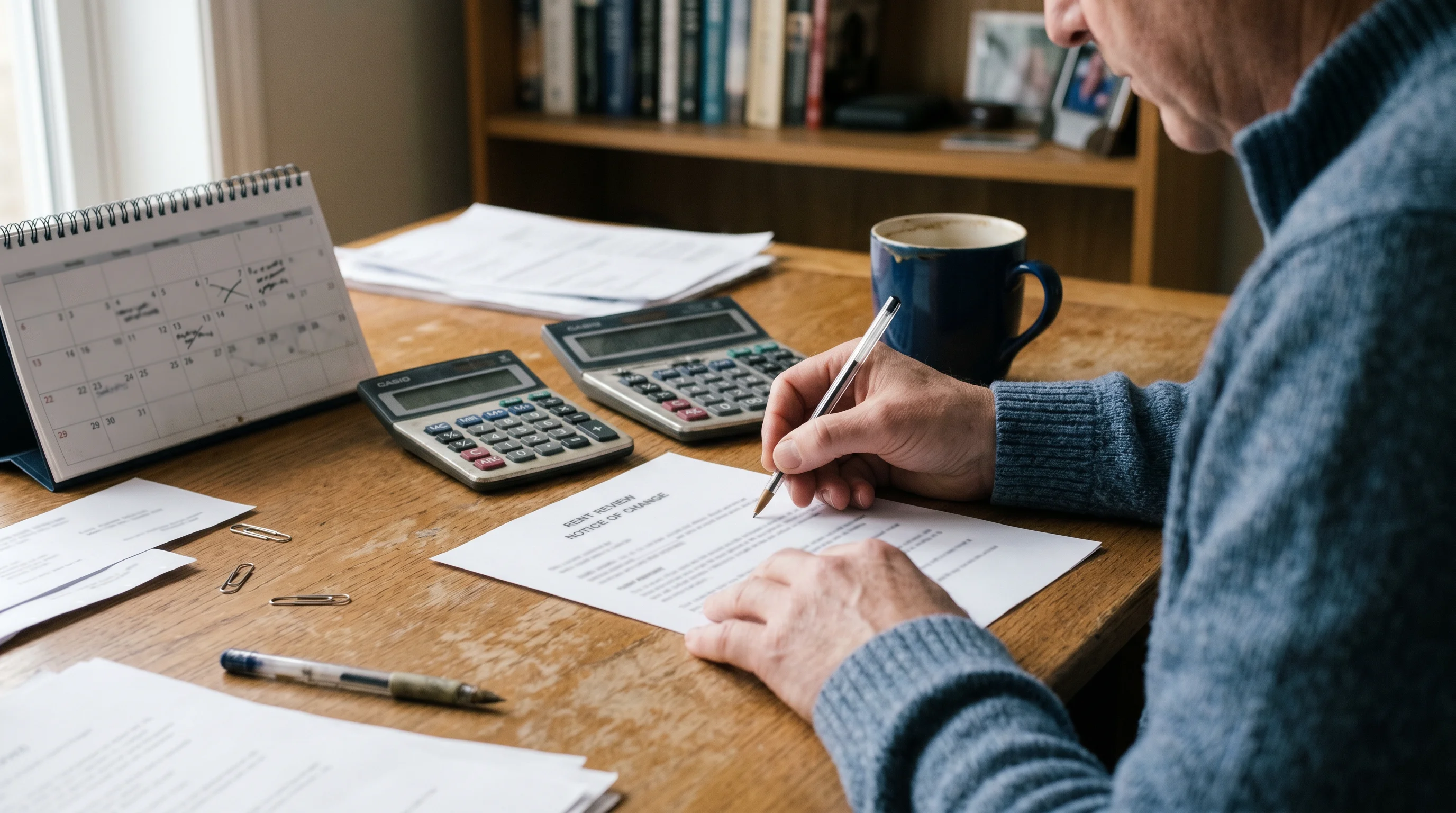 A landlord at a home-office desk filling in a rent-increase notice form by hand, with a calendar and calculator beside it.