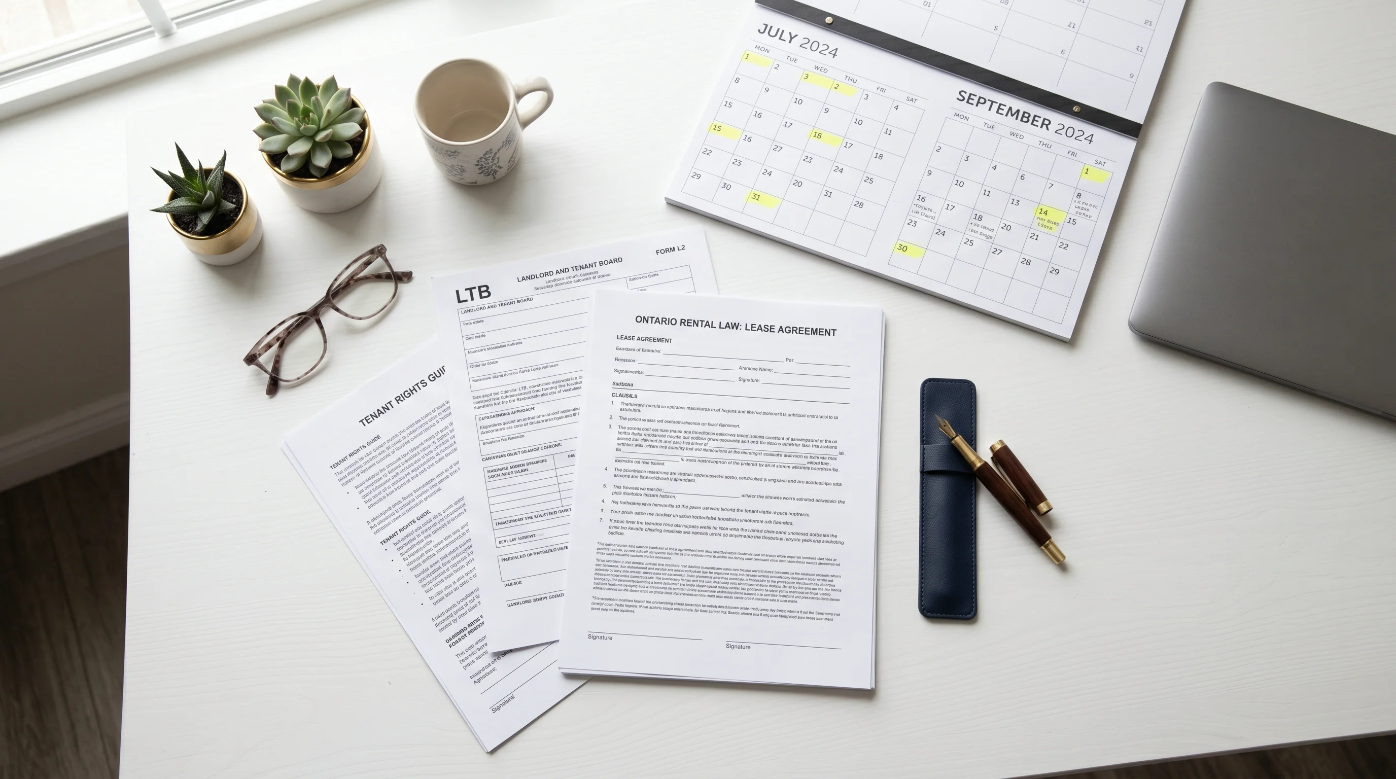 Editorial photograph of an organized desk-top scene with Ontario rental law documents arranged neatly, a wall calendar showing July and September pages with dates highlighted, a printed LTB form, and a fountain pen — soft natural light from upper left, warm neutral palette.