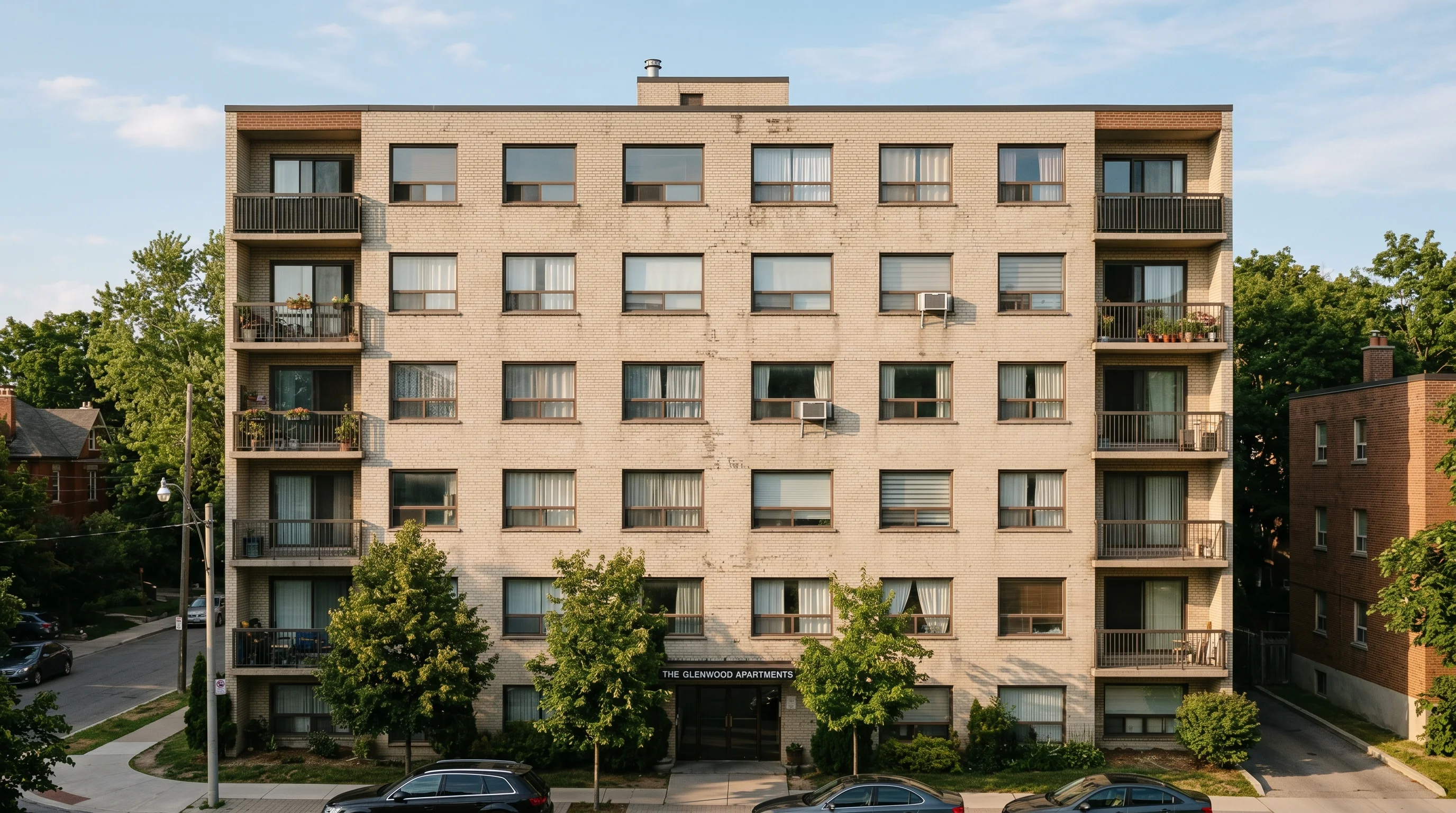 Wide editorial photograph of an Ontario mid-rise apartment building exterior during summer with a window air conditioning unit visible installed in one of the upper-floor windows. Pale brick facade, soft afternoon light, warm neutral tones.