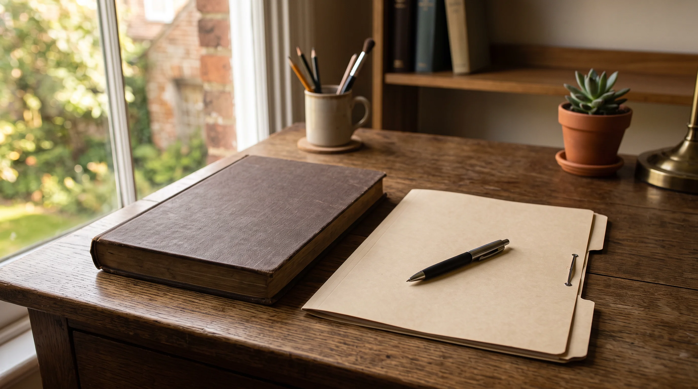 A tidy desk corner with a closed ledger book and a plain document folder side by side, a pen resting across the folder — the claimed figure and the file that answers what was noticed