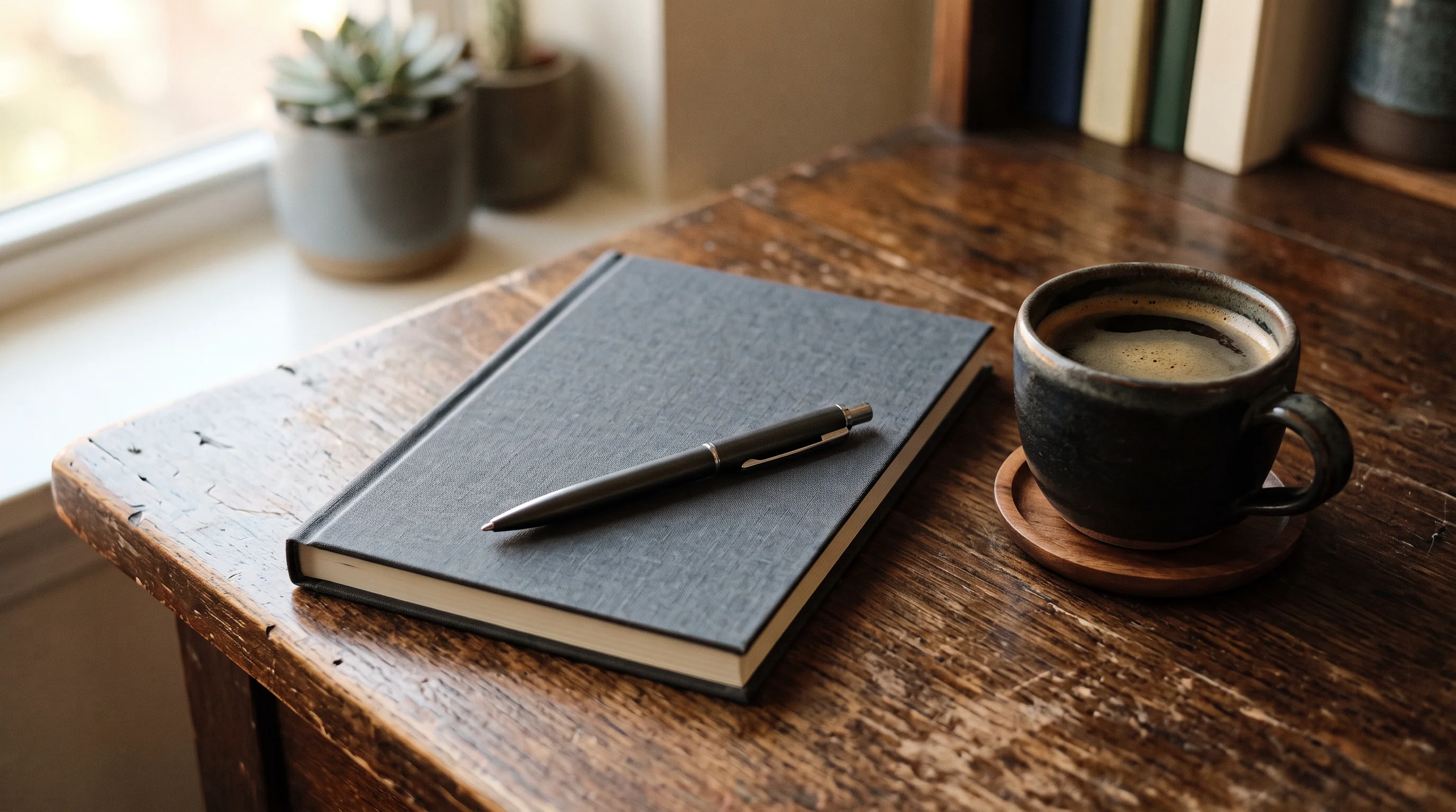 A calm desk corner — a pen resting on a closed notebook beside a cup of coffee in soft afternoon light: the monthly ledger check, done without drama