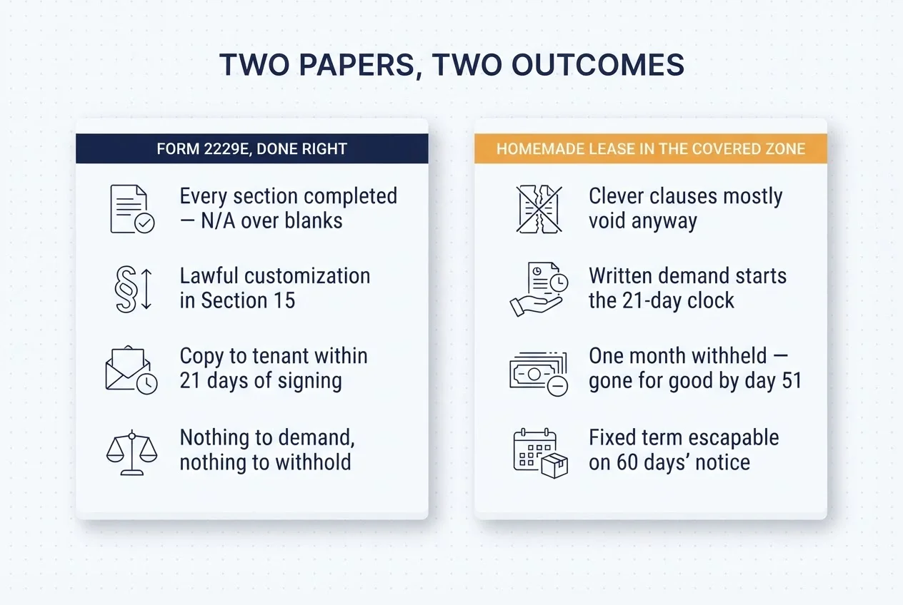 Two papers, two outcomes: Form 2229E done right with every section completed and lawful Section 15 customization, versus a homemade lease in the covered zone with void clauses, the 21-day clock, a lost month by day 51, and an escapable fixed term