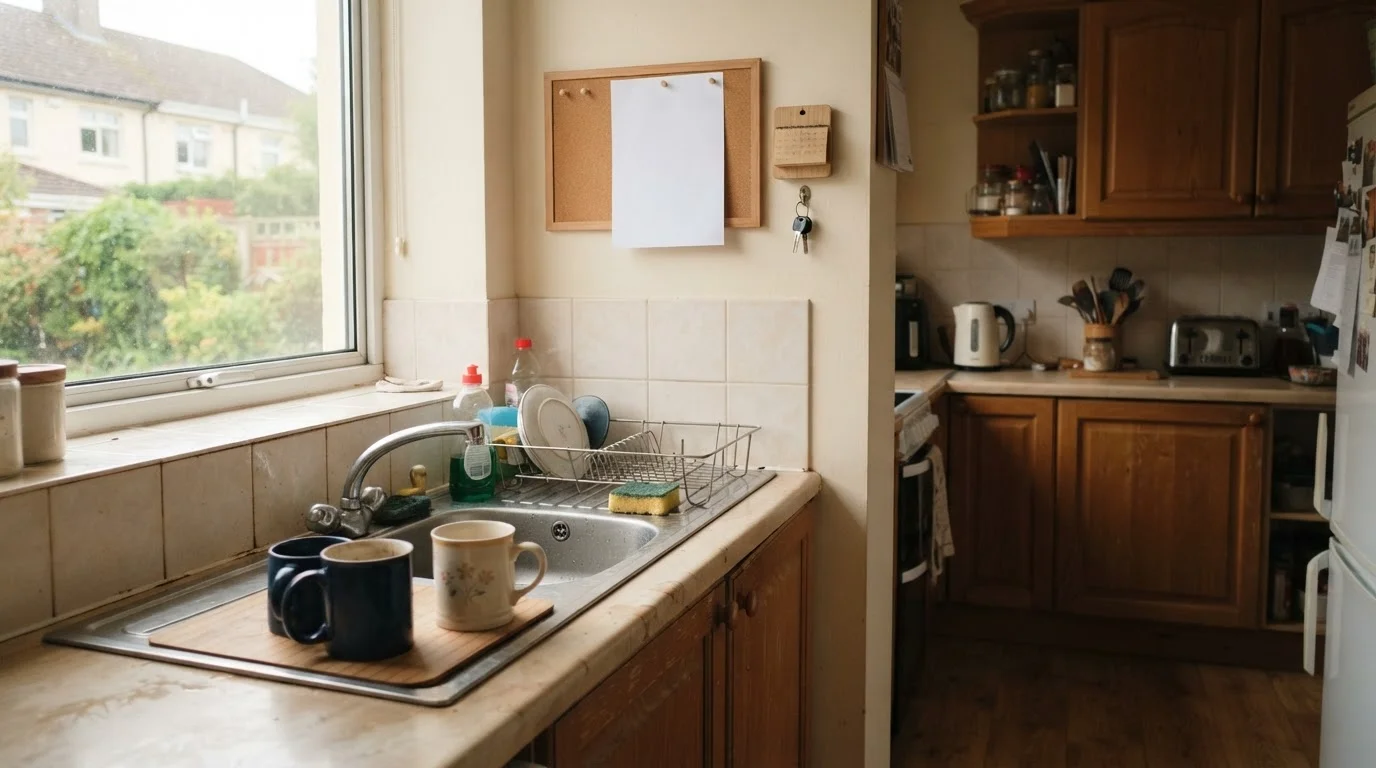 An owner-occupied house-share kitchen in morning light — the shared-facilities world where the RTA's section 5 exemption lives