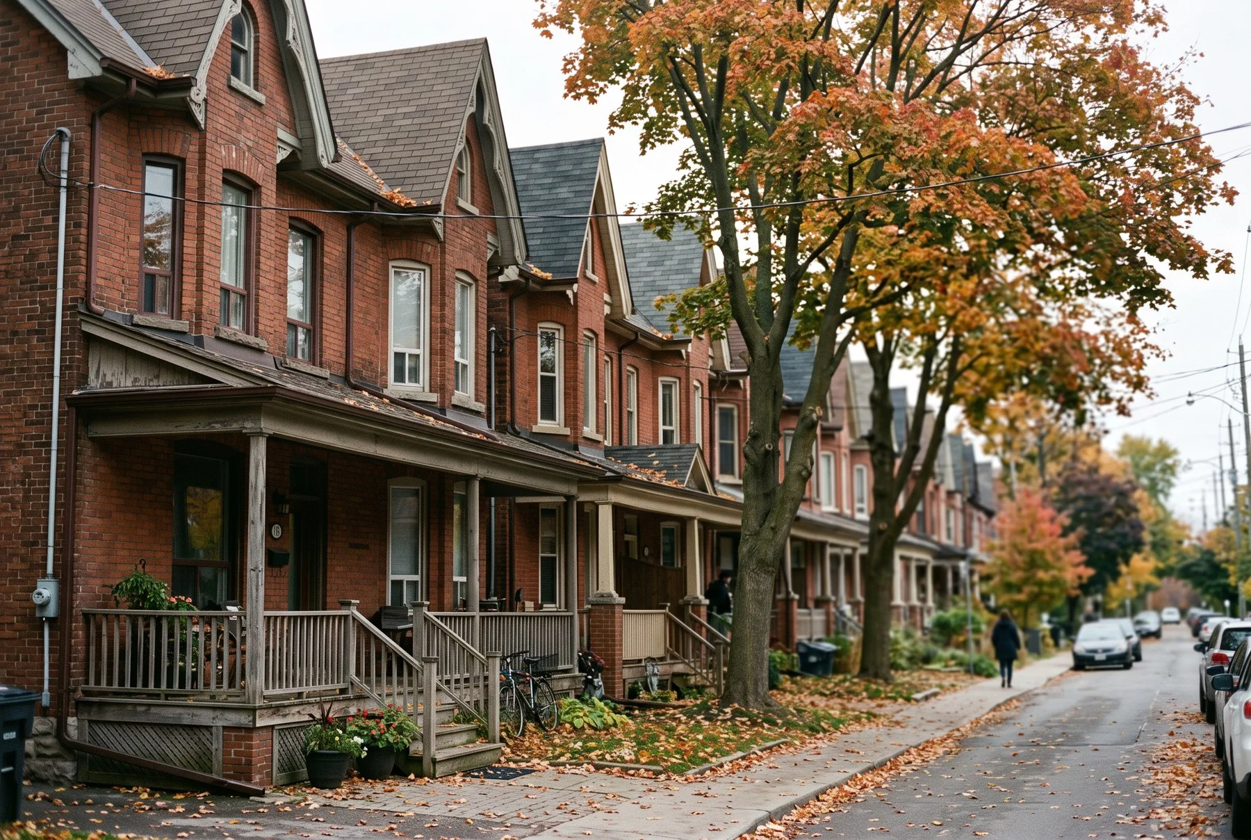 A street of red-brick Toronto row houses with autumn trees