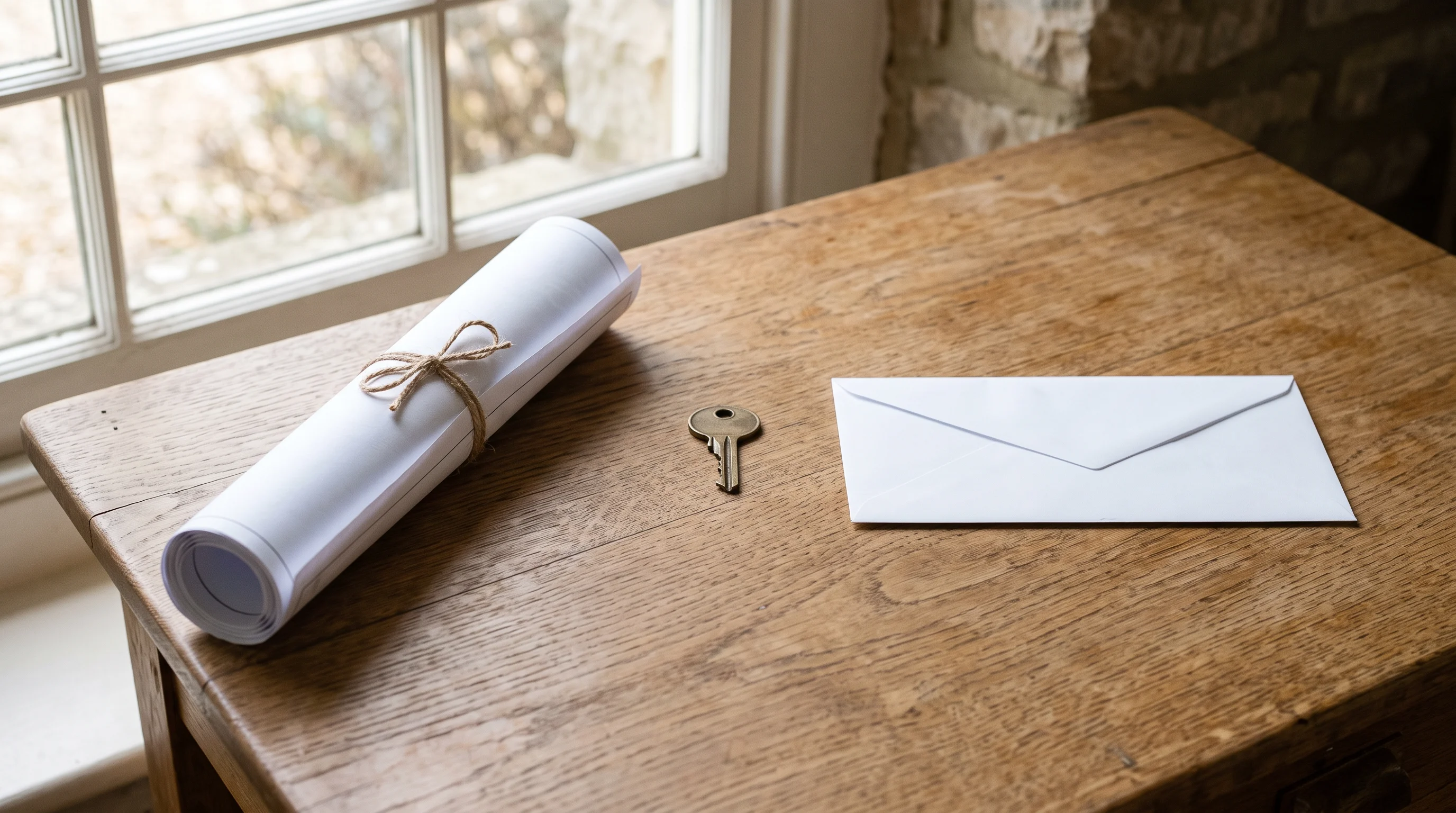 A tidy oak desk in soft window light with three objects arranged left to right in strict order — a neatly rolled building plan, a small brass house key, and a plain sealed white envelope: permit, property, notice — the sequence as still life