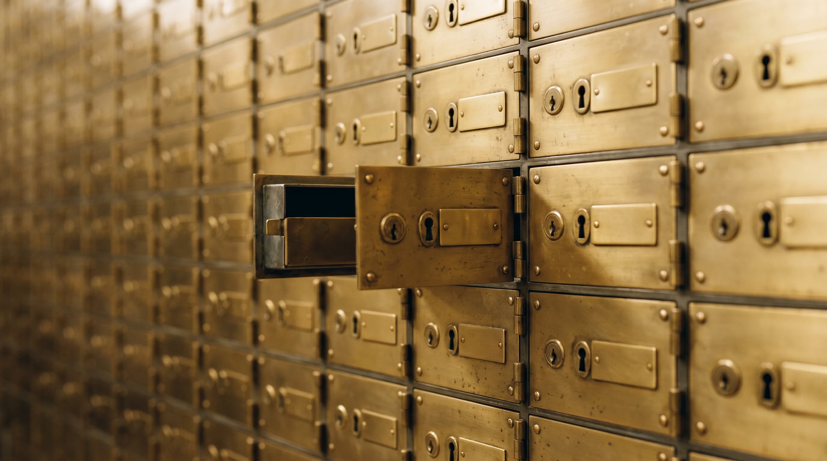 A wall of safe-deposit boxes: many separate boxes inside one vault, the working metaphor for per-owner ledgers inside a pooled trust account