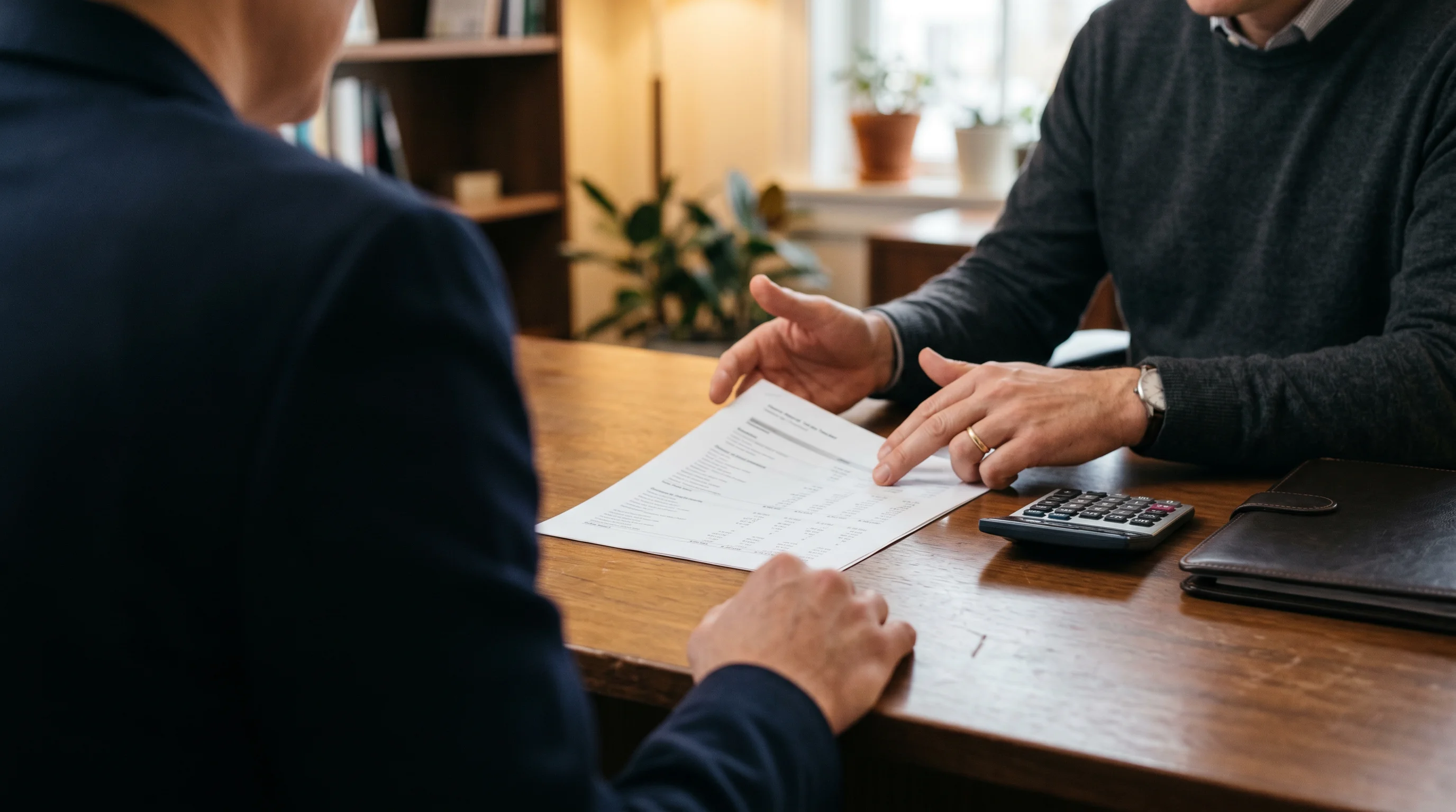 The consultation moment: the fee schedule on the table — where the four questions and the what's-included answer get settled before any retainer is signed