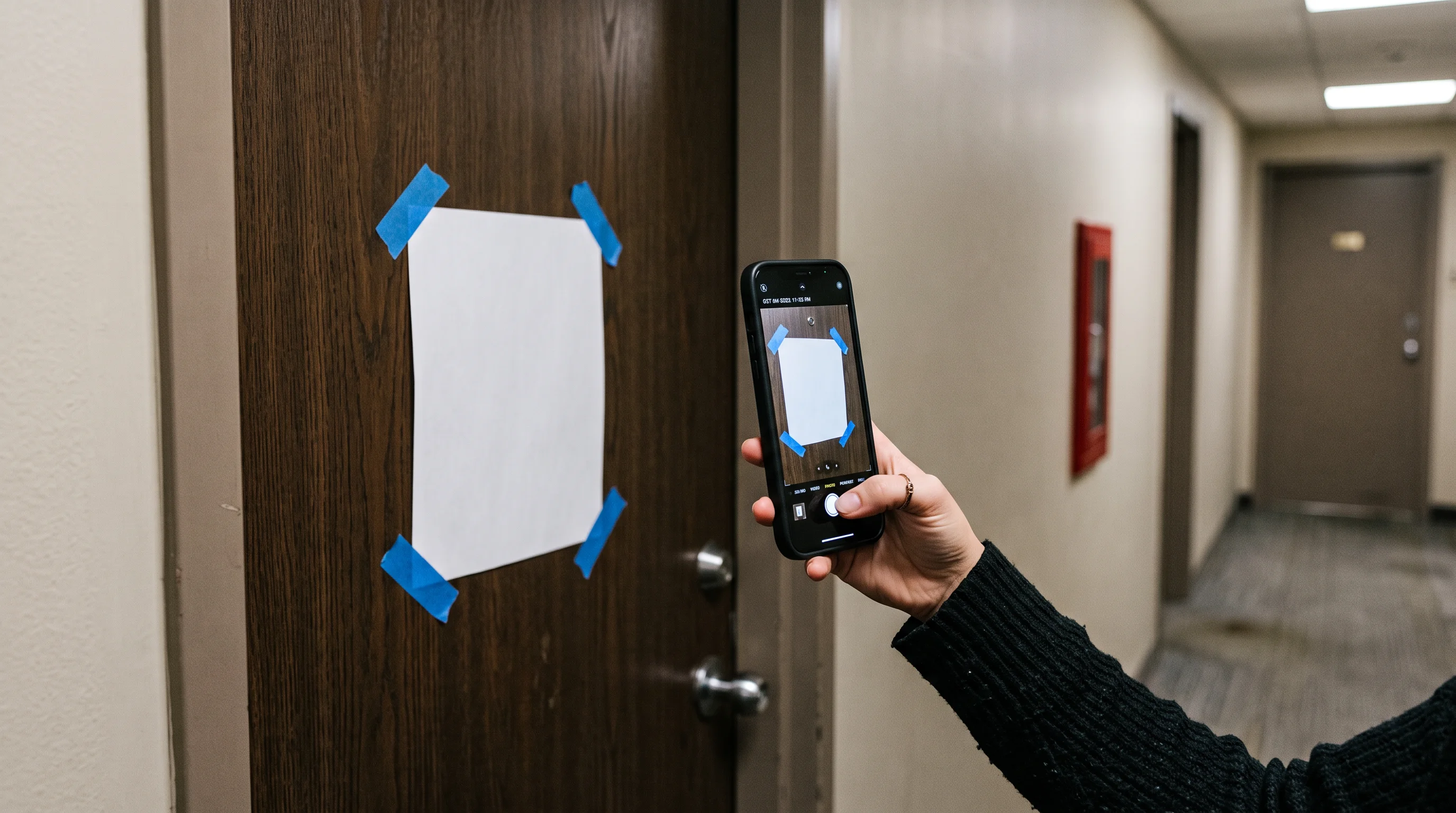 A hand photographs a paper notice taped to an apartment door.