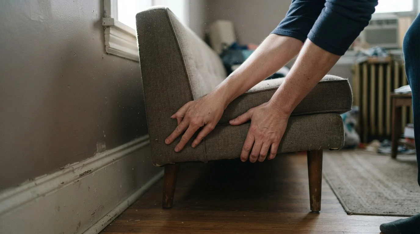 A candid documentary-style photo — no text, no logo. Shot on a Canon EOS R6 35mm f/1.8: a tenant's hands preparing a unit for pest treatment — bagging bedding into a large plastic bag, or pulling a couch away from the wall — in soft natural light. Framed on the hands and the task only — no face, no visible pests. Authentic textures, subtle grain, shallow depth of field, true-to-life muted colour, non-white background. No readable text or personal data anywhere. 16:9.