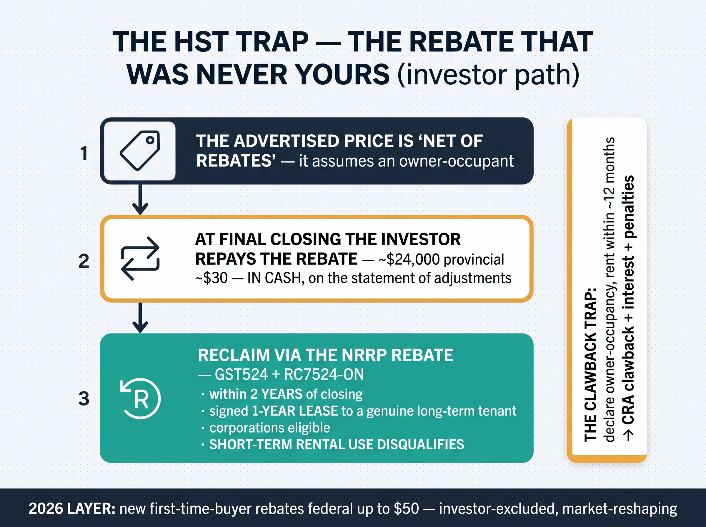 The HST trap: the advertised price assumes an owner-occupant, the investor repays the rebate at closing, and reclaims it through the NRRP rebate