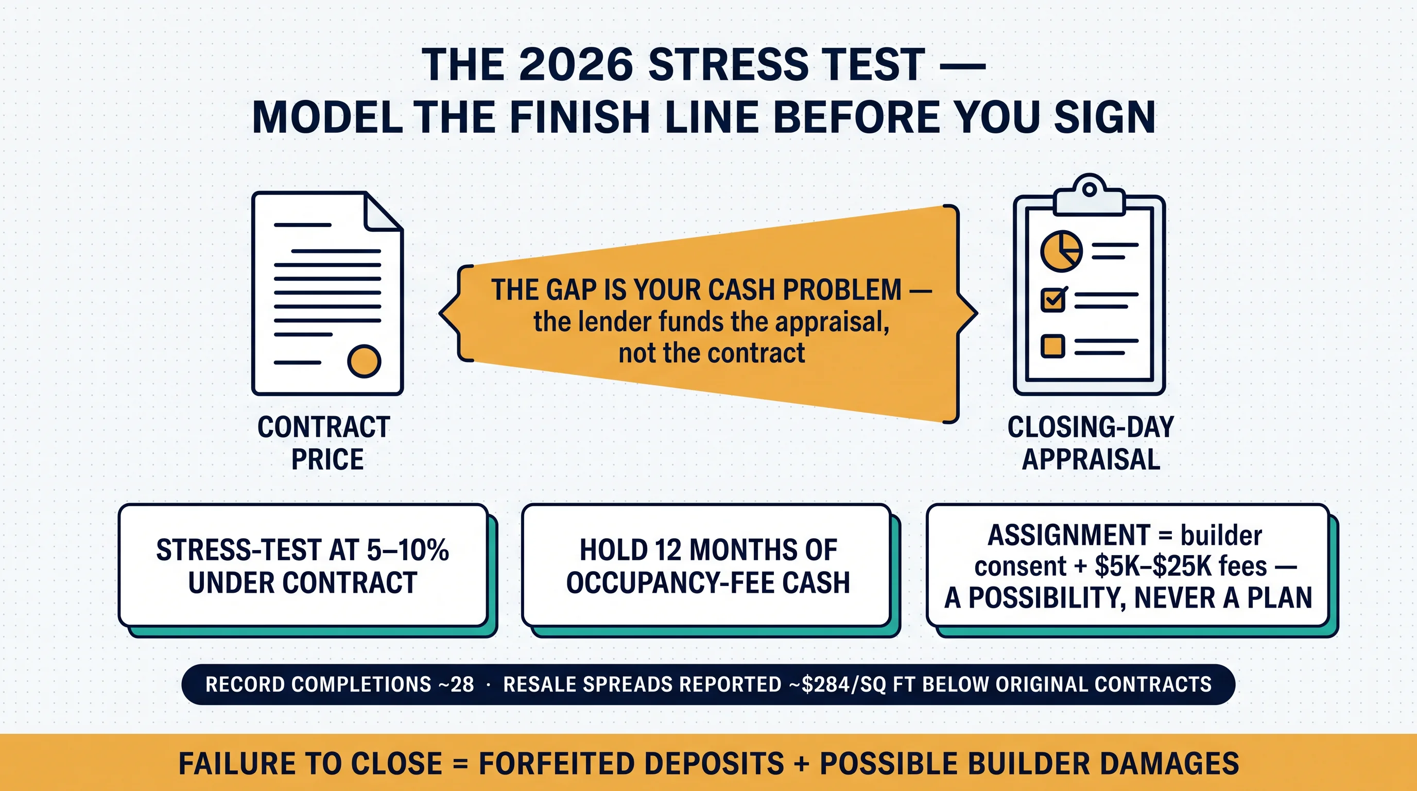The 2026 stress test: the gap between contract price and closing-day appraisal is the buyer's cash problem — model it before signing