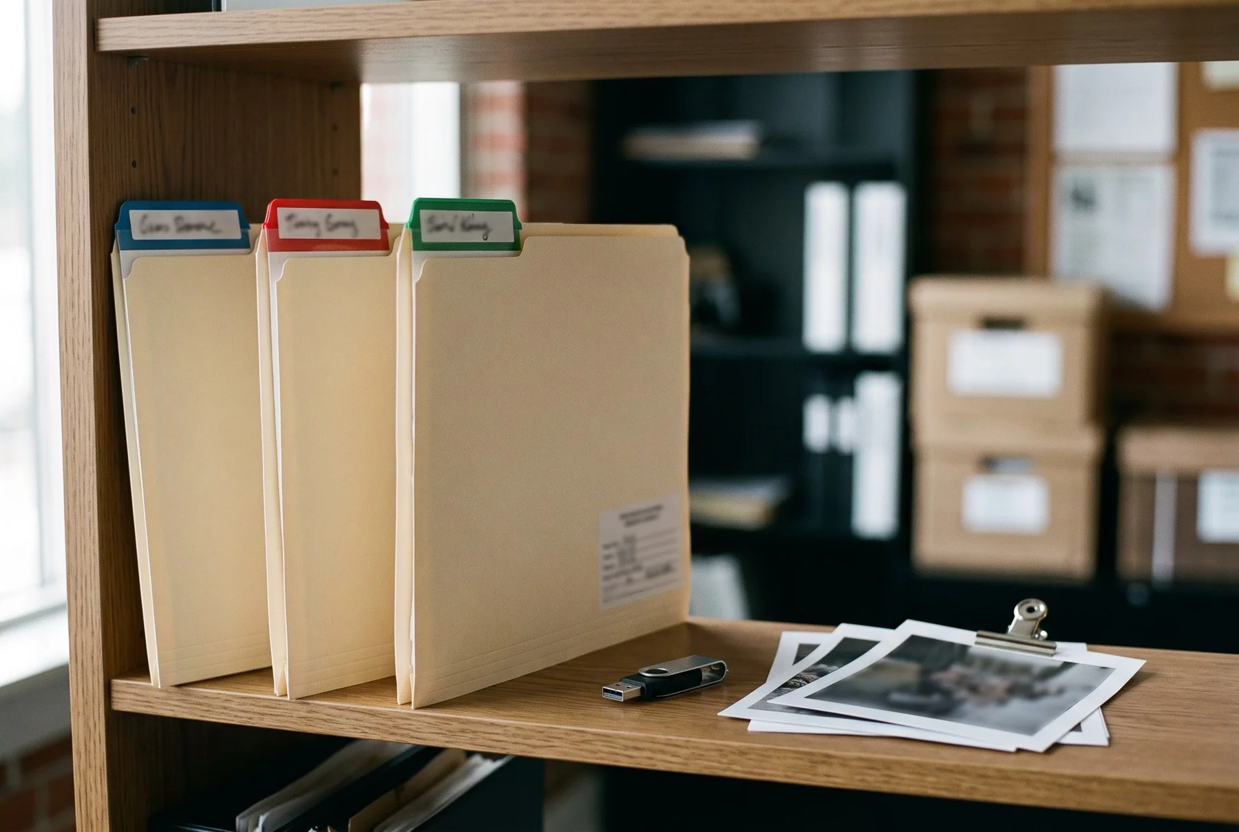 Labelled file folders, a USB stick and printed photos on an office shelf, organized for a hearing