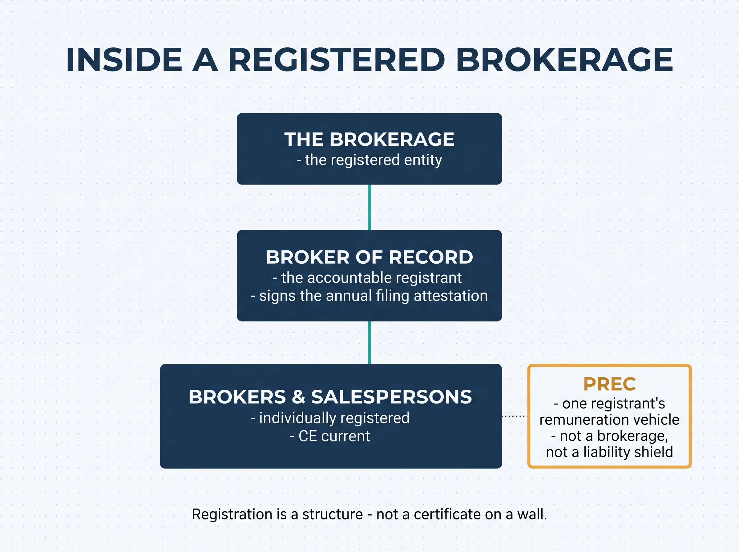 Inside a registered brokerage: the brokerage as registered entity, the broker of record as accountable registrant who signs the annual filing attestation, individually registered brokers and salespersons, and the PREC as a one-registrant remuneration vehicle that is neither a brokerage nor a liability shield