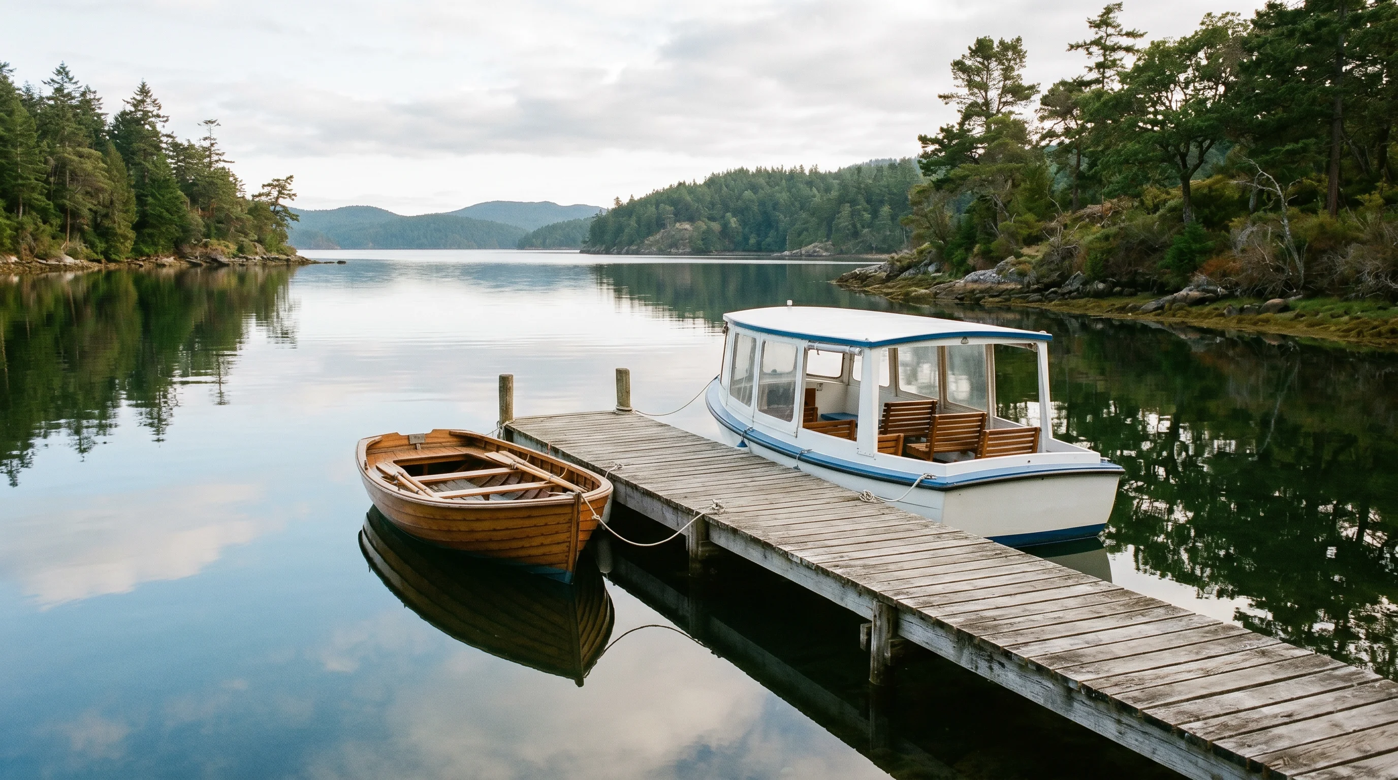A quiet small-craft jetty at morning with a simple rowboat and a small covered passenger launch moored side by side — carrying others is a different business than carrying yourself