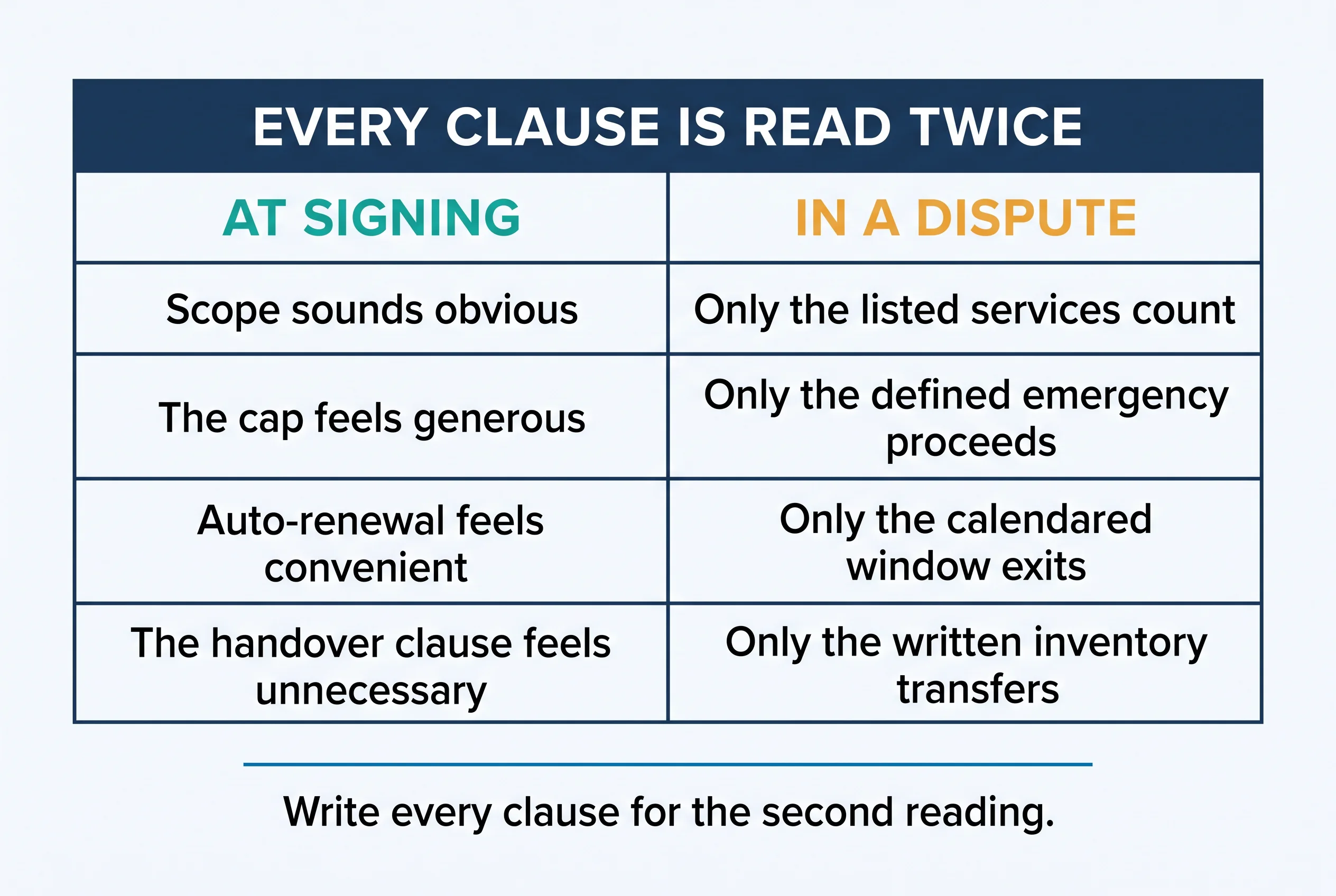 Every clause is read twice: at signing scope sounds obvious and auto-renewal feels convenient; in a dispute only the listed services count and only the calendared window exits — write every clause for the second reading
