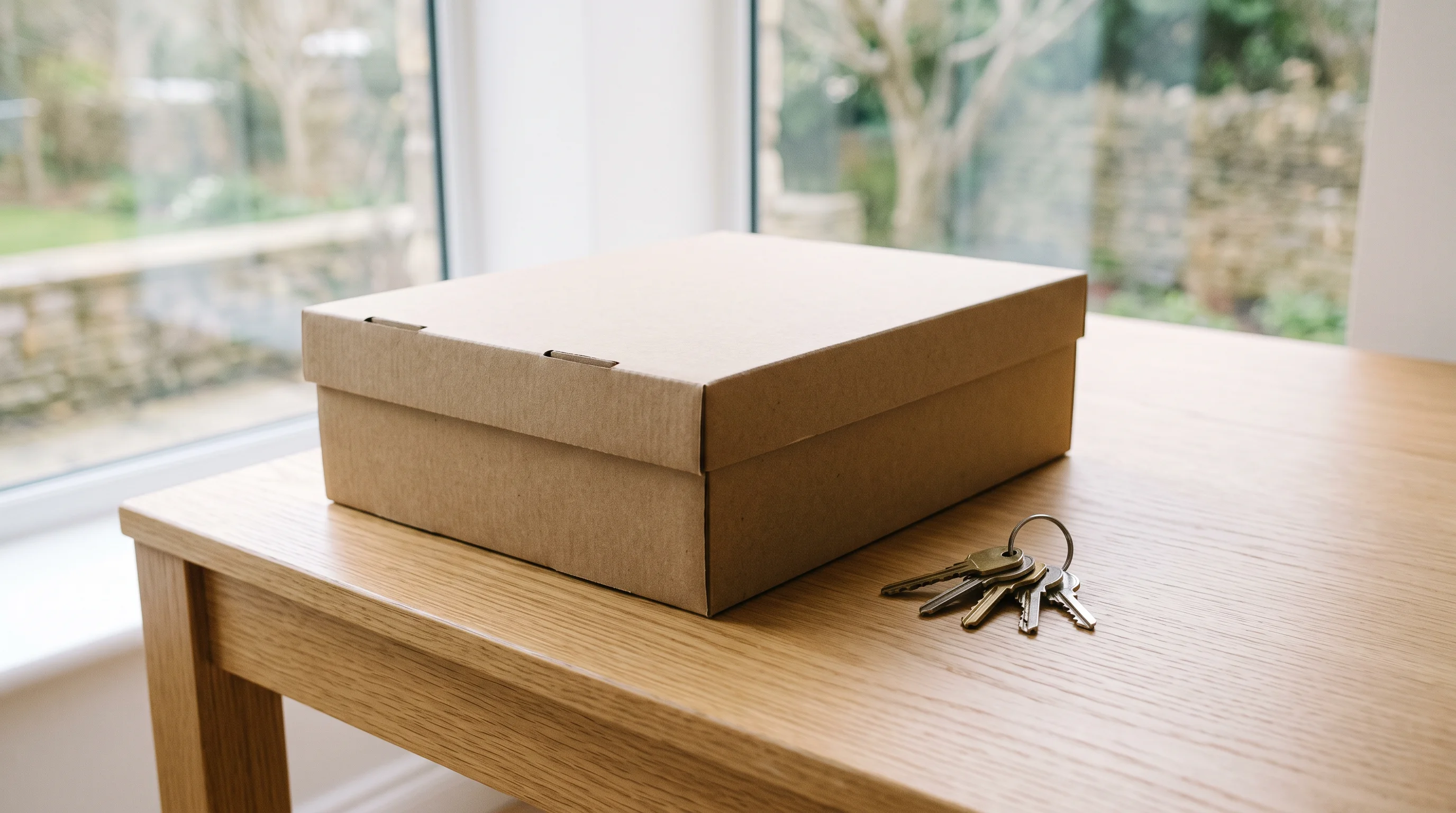 A ring of plain keys beside a closed archive box on a clean desk — custody about to change hands in an orderly handover