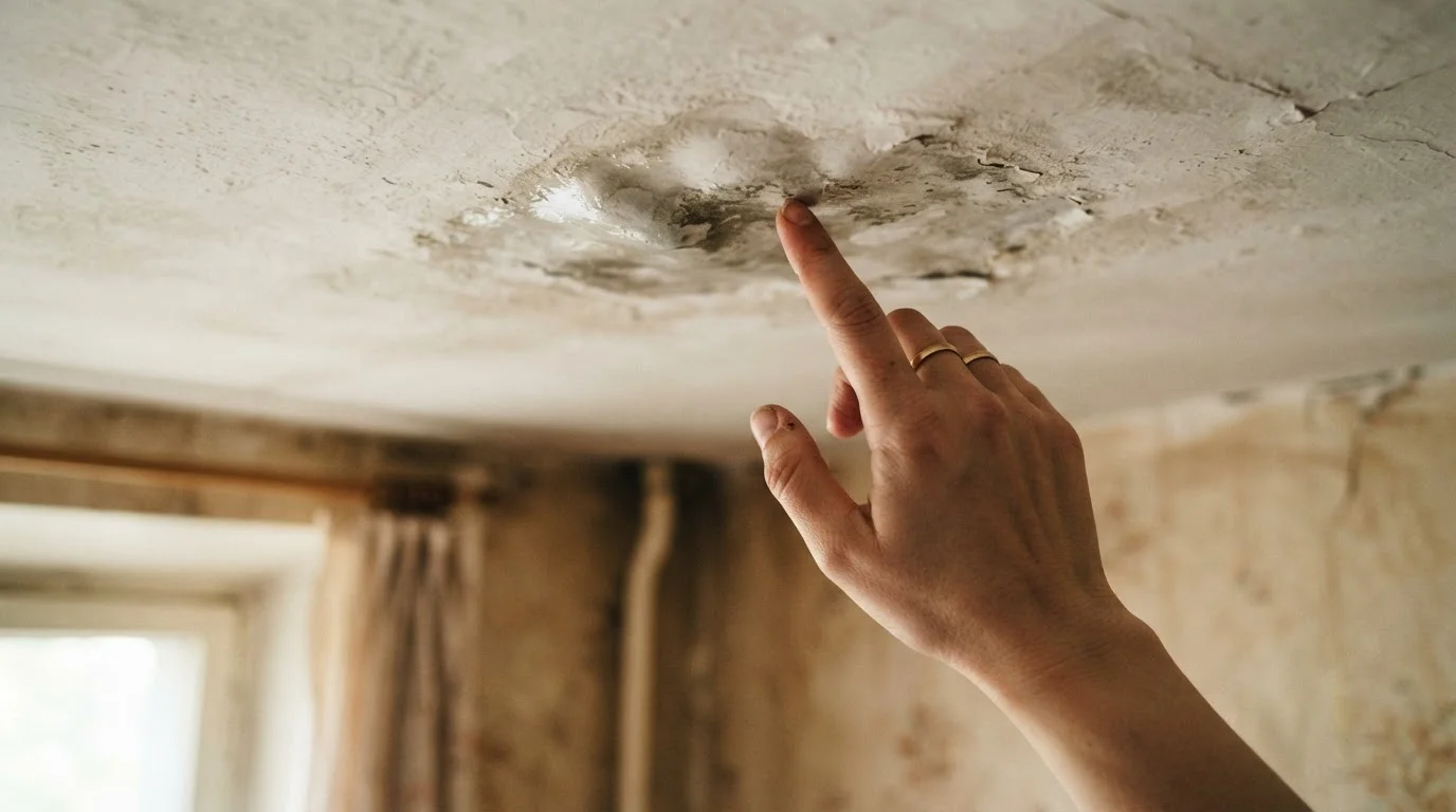 A candid documentary-style photo — no text, no logo. Shot on a Canon EOS R6 35mm f/1.8: a hand pointing to or examining a maintenance issue in a rental (a damp patch on a ceiling, a window seal, a radiator), warm natural light. Framed on the hand and the detail only — no face, no readable text, no branding. Authentic textures, subtle grain, shallow depth of field, true-to-life muted colour, non-white interior background. 16:9.