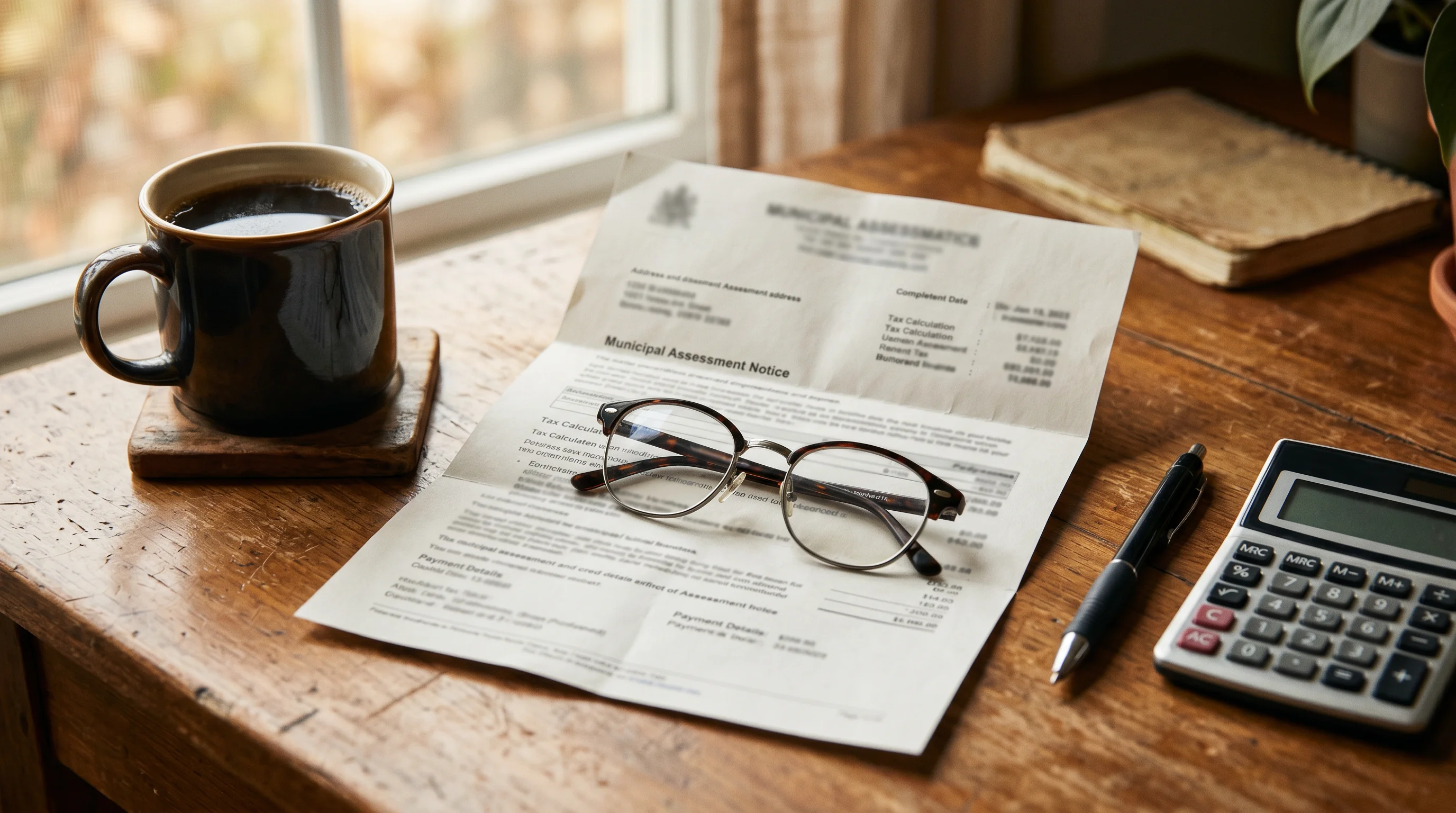A municipal property assessment notice and tax bill on a desk with reading glasses and a calculator — the annual ritual of reading the notice