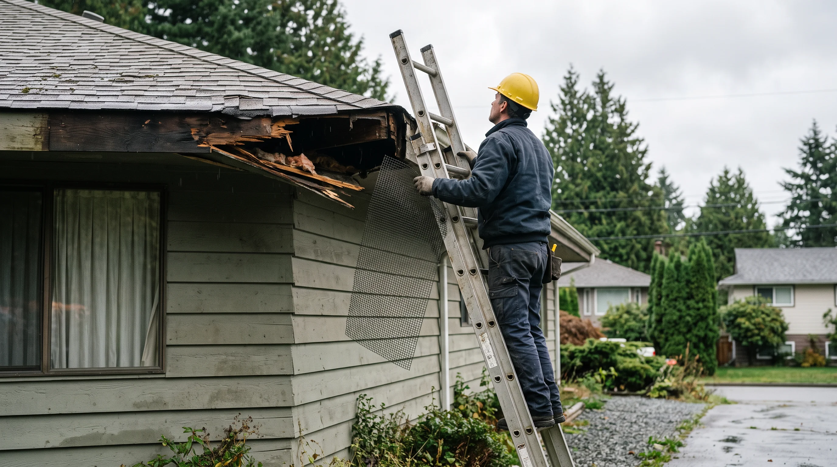 A contractor on a ladder inspects a torn soffit on a rental house.