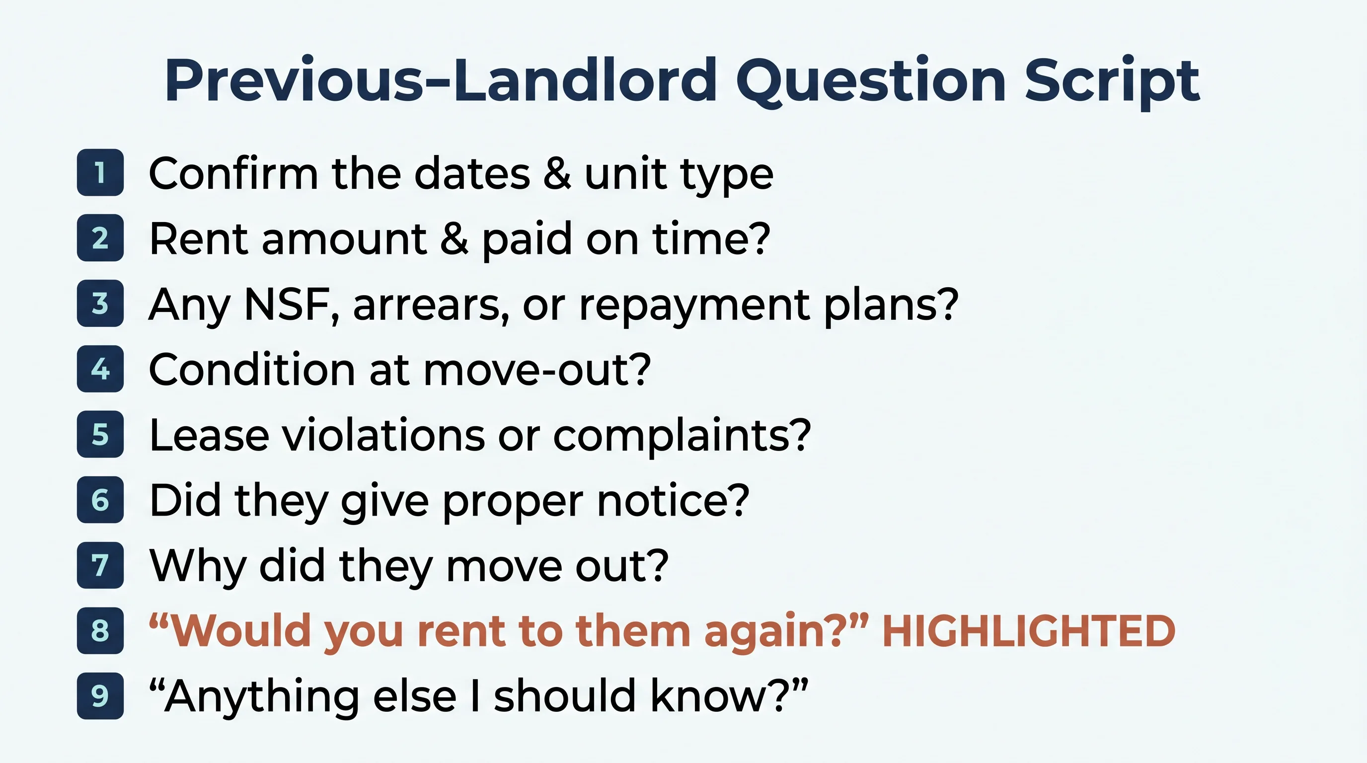 A Previous-Landlord Question Script infographic: nine numbered questions — confirm dates and unit, rent and on-time, NSF/arrears, condition at move-out, violations or complaints, proper notice, why they moved, would you rent to them again (highlighted), and anything else I should know.