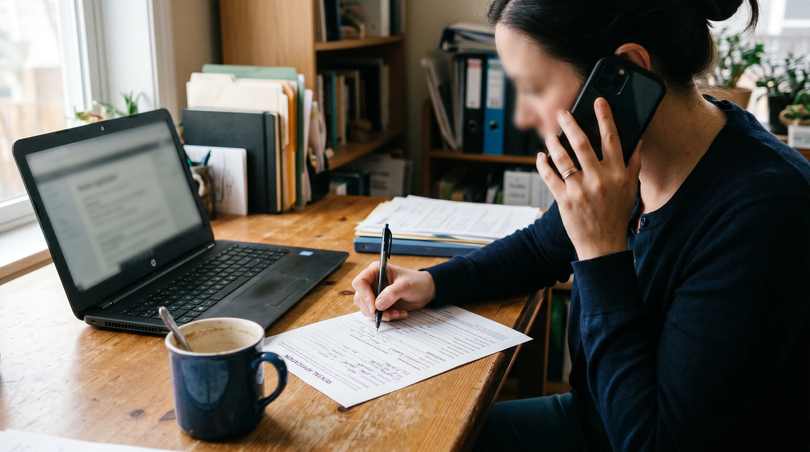 A landlord at a home-office desk making a reference call, phone in hand, with a printed rental application and a pen, taking notes — no identifiable face or readable personal details.