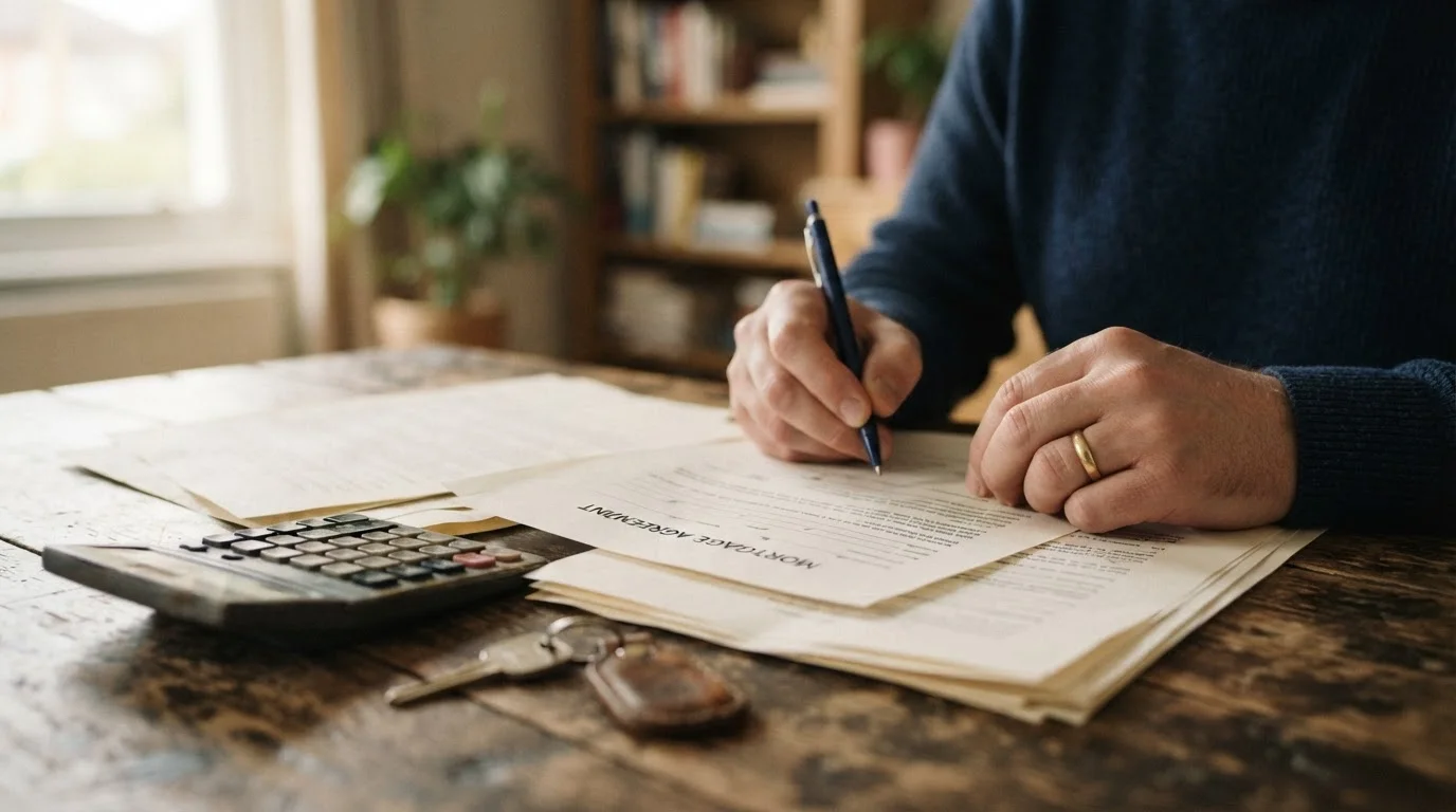 A candid documentary-style photo — no text, no logo. Shot on a Canon EOS R6 35mm f/1.8: a hand signing or reviewing a mortgage/refinance document beside a calculator and a house key on a desk, warm natural light. Framed on hands and desk only — no face, no readable numbers or personal data. Authentic textures, subtle grain, shallow depth of field, true-to-life muted colour, non-white background. 16:9.